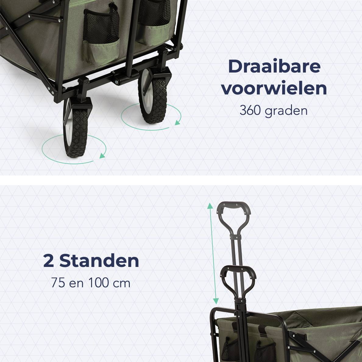 Close-up of a green wagon. Text shows: 'Draaibare voorwielen' (Swivel front wheels) and 2 height positions.