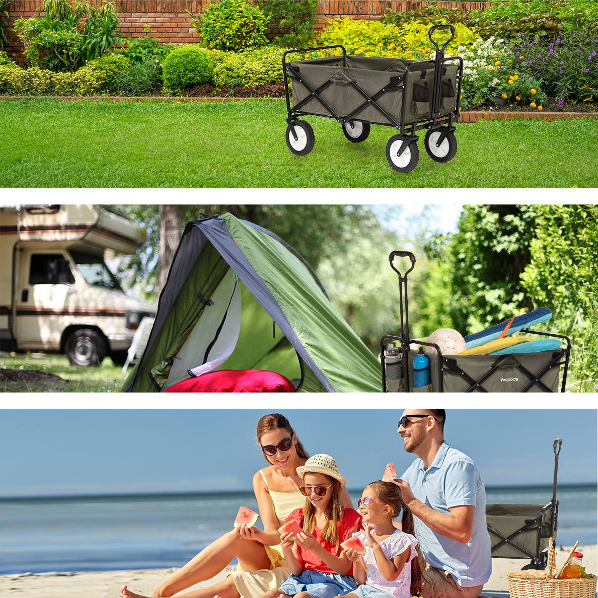 Three images showing a green wagon in different outdoor settings: garden, camping, beach.