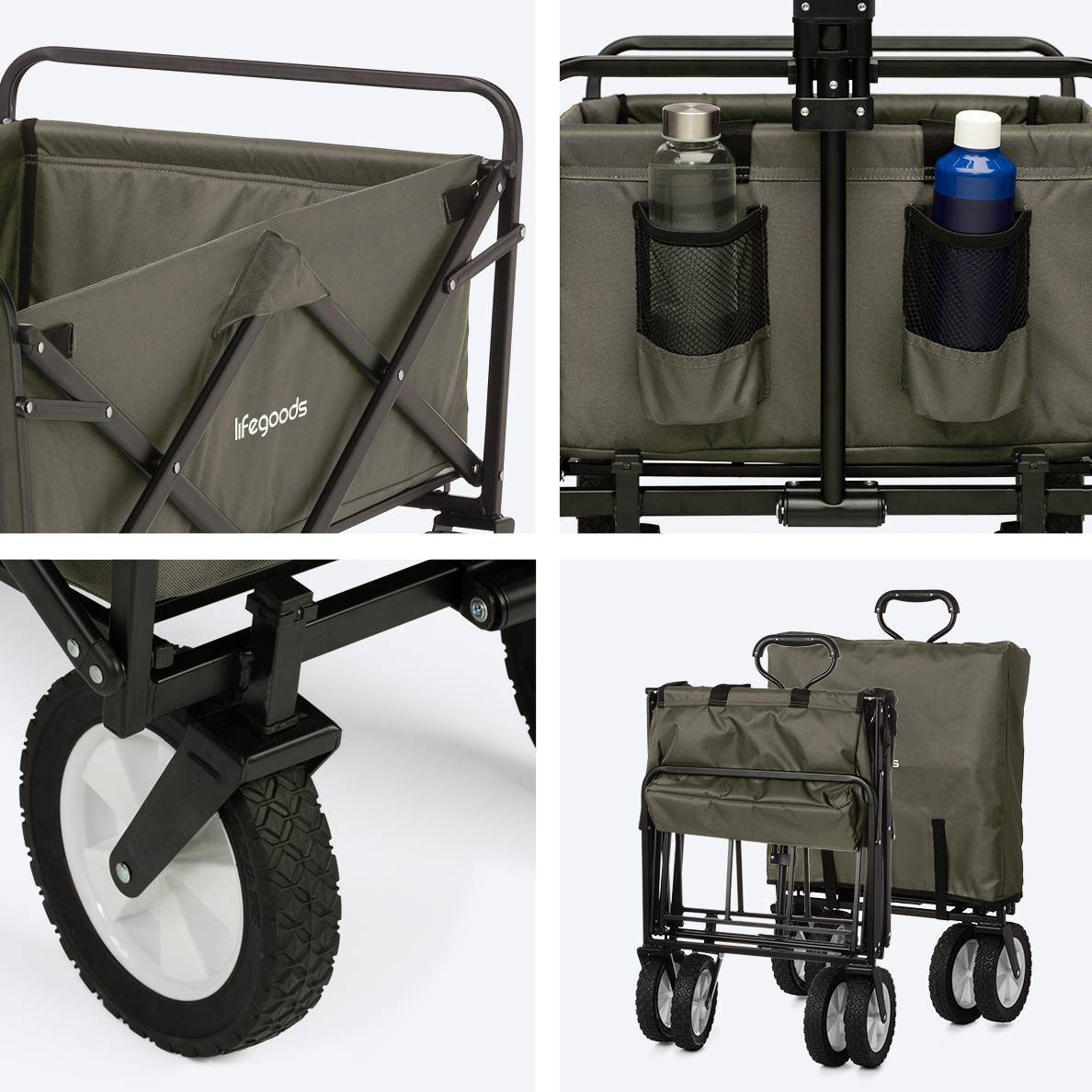 Close-up shots of a green wagon showing details of the fabric, water bottle pockets, and wheels.