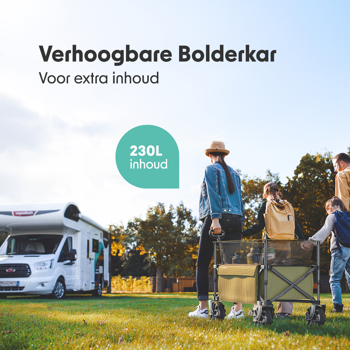 People pulling a wagon near a RV. Text about capacity.