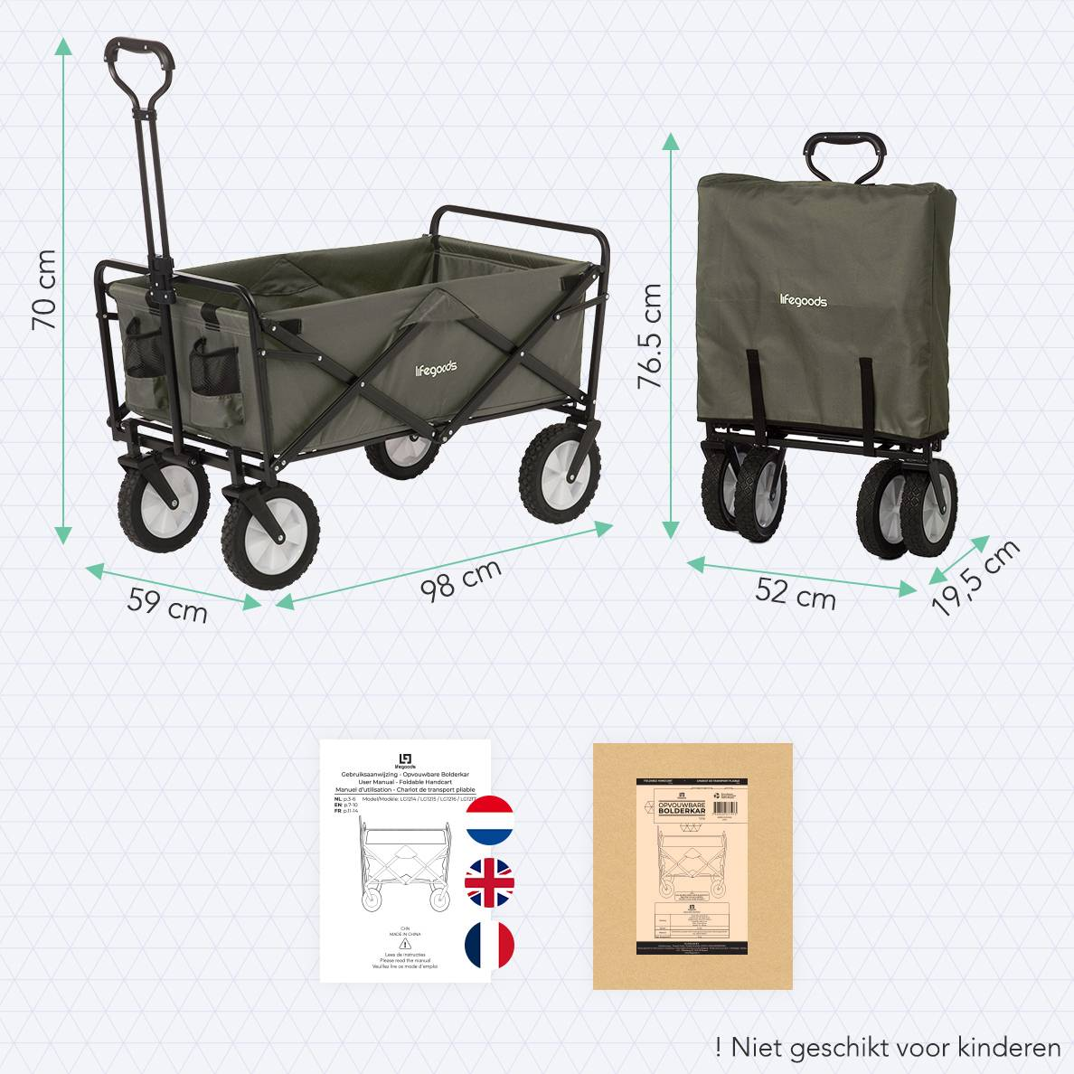 Wagon with dimensions and a folded version. Text: Makkelijk inklapbaar. Warning: ! Niet geschikt voor kinderen.