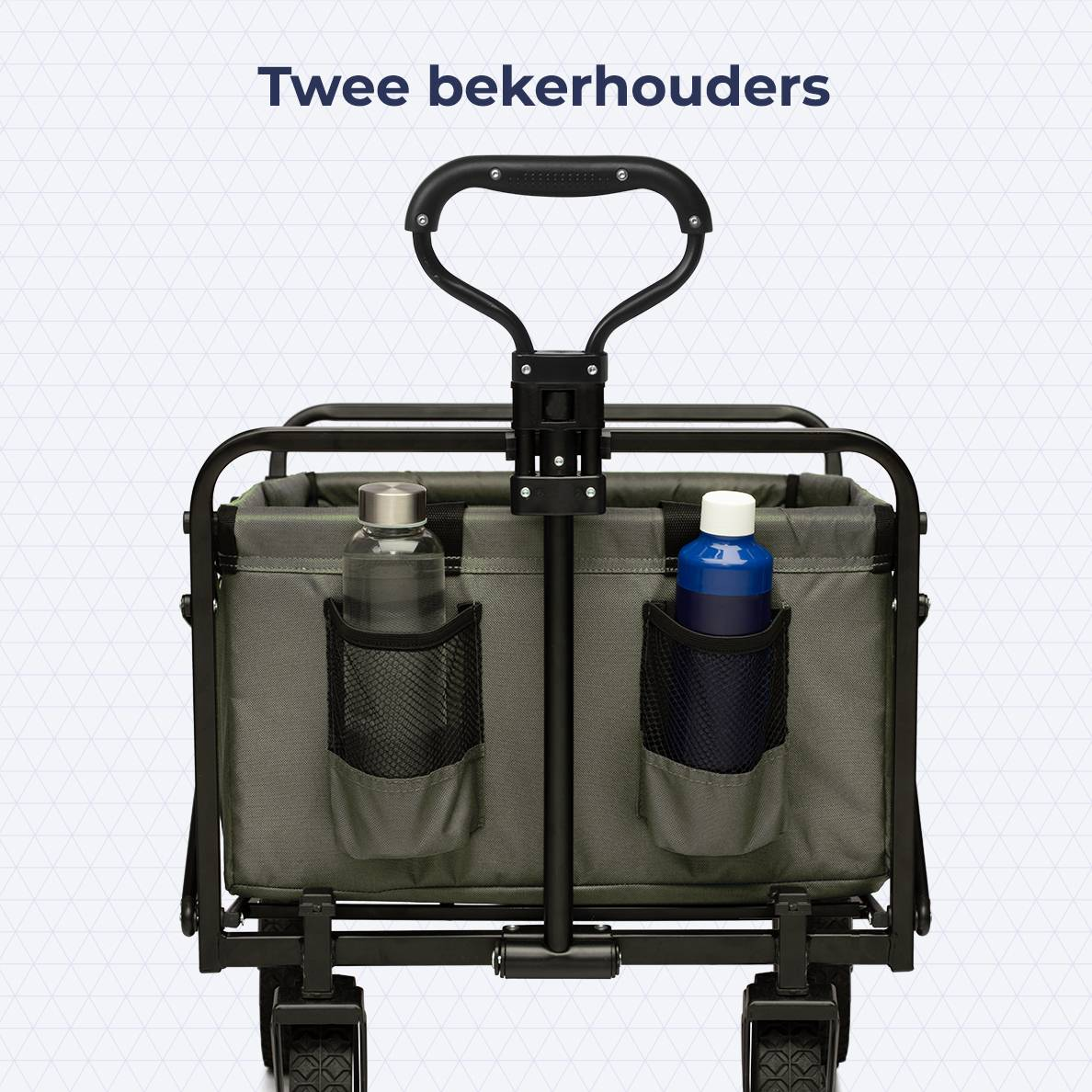 Wagon with two bottle holders, one with a bottle, the other with a water bottle.