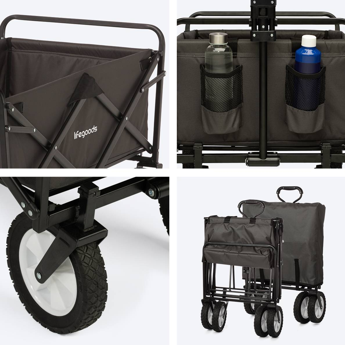 Four images showing details of a wagon: wheels, pockets, and a folded view.