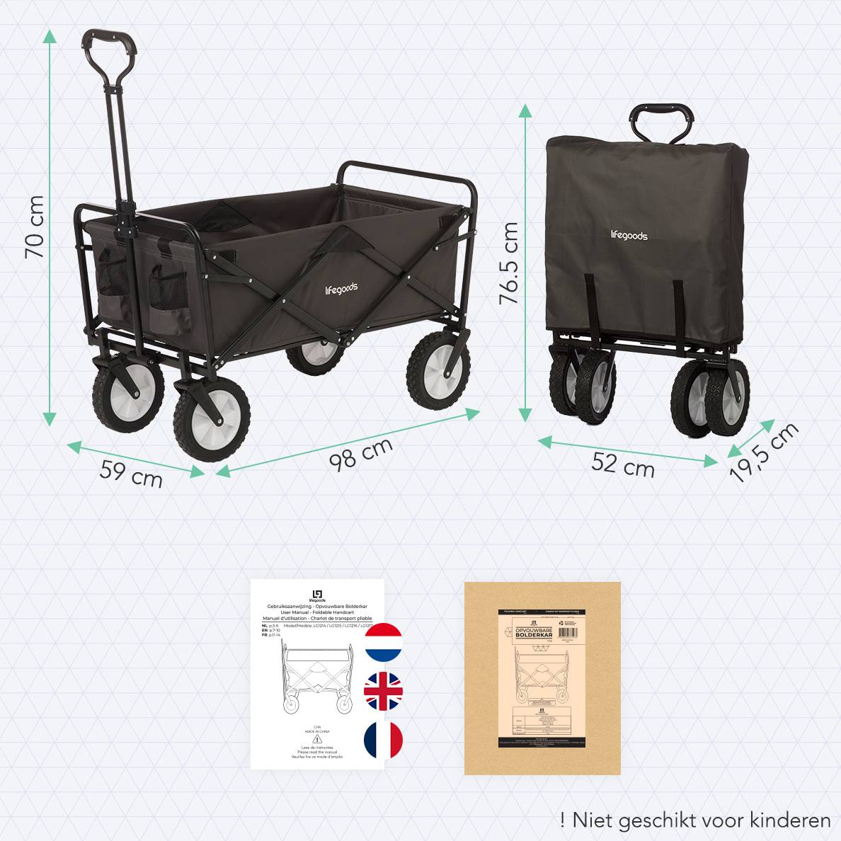 A black cart with dimensions and a folded version. Details include a diagram and text.