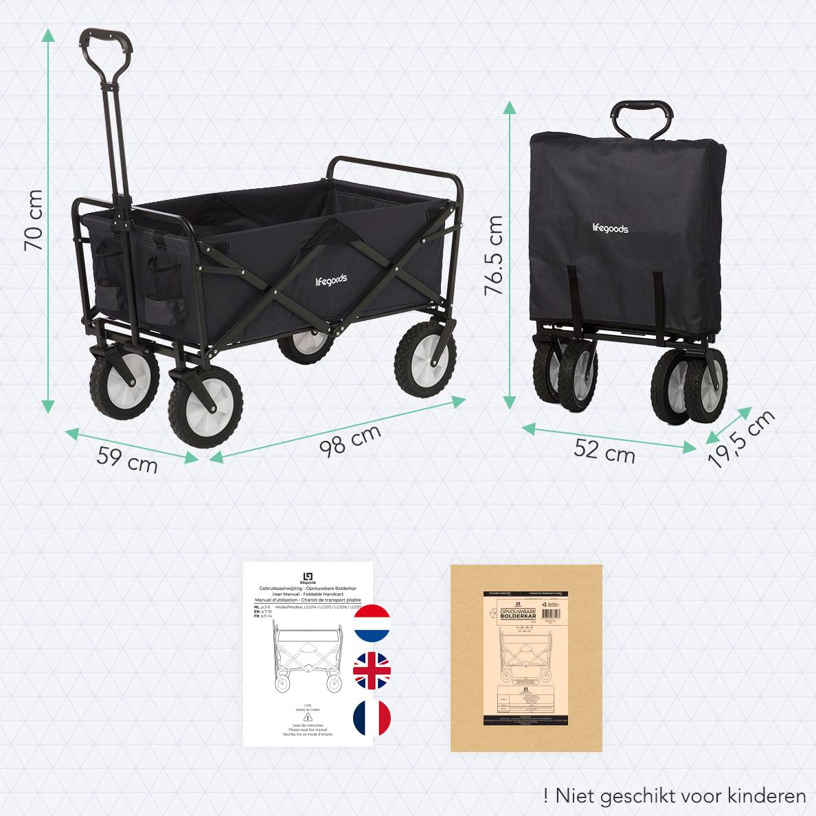 A black cart with dimensions and a folded version. Details include a diagram and text.