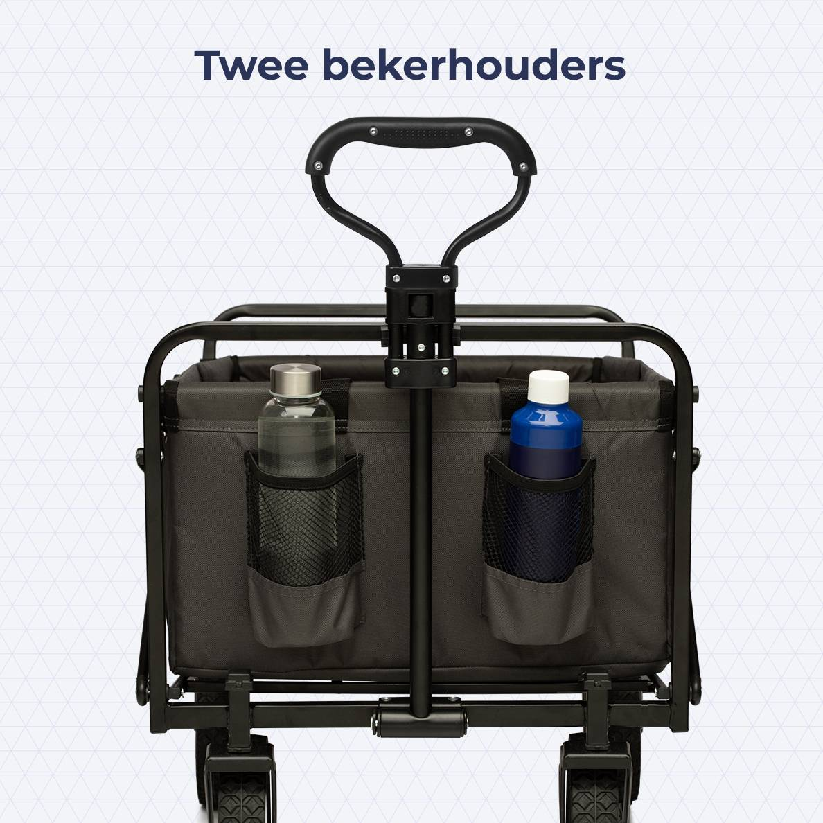A black cart's back with two water bottle holders, each holding a bottle.