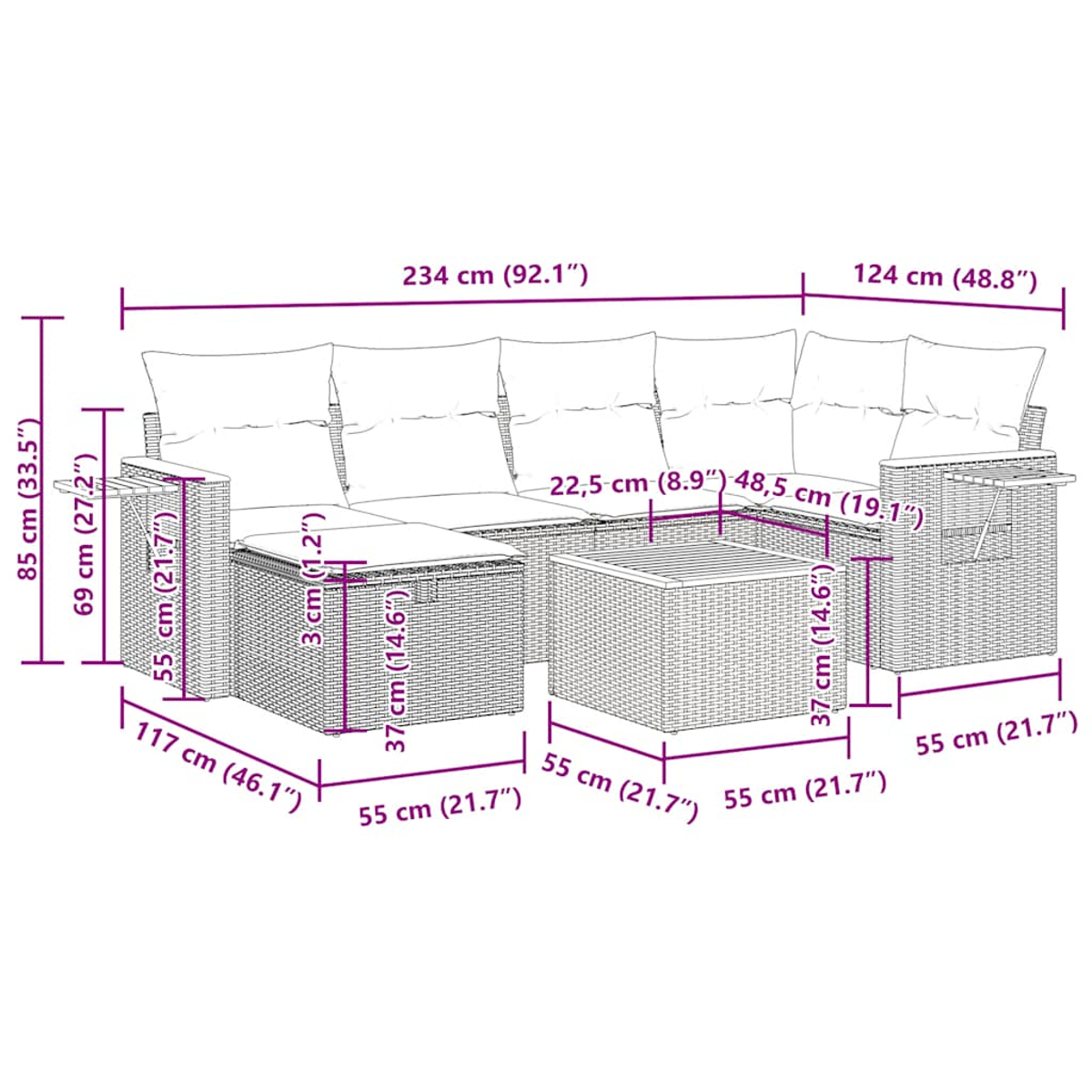 Diagramma con dimensioni di un set di divani da esterno in vimini grigio con cuscini e tavolini.