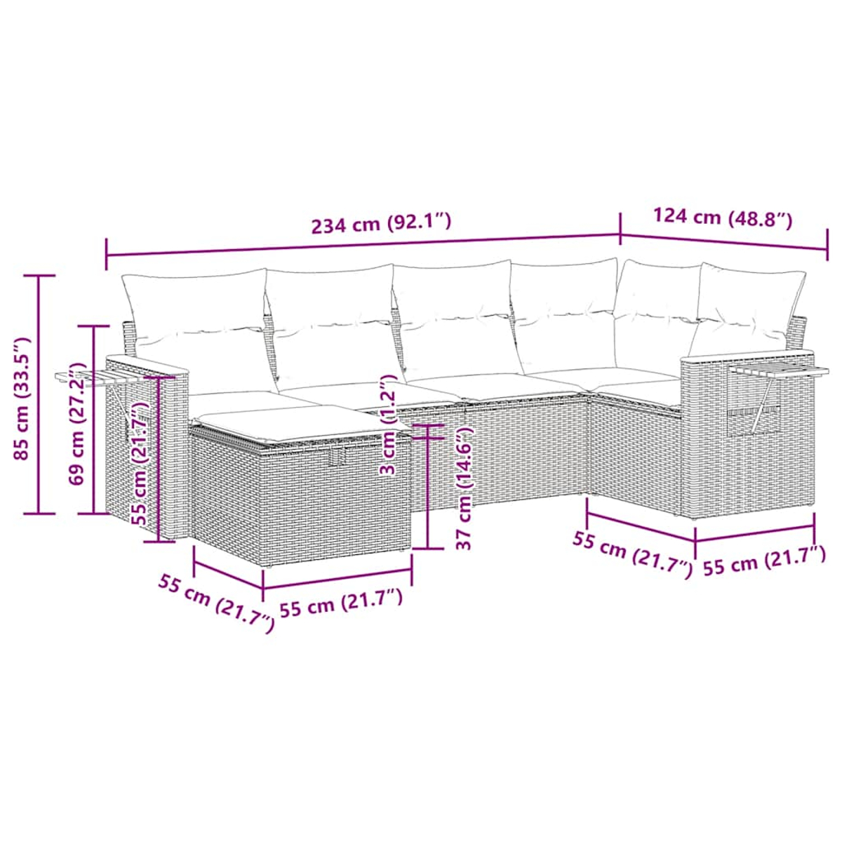 Diagramma di un divano in rattan grigio con dimensioni in cm e pollici.