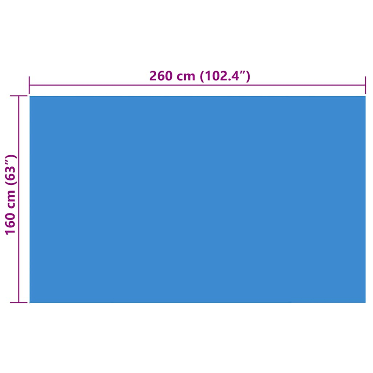 Ein blaues Rechteck mit Abmessungen, beschriftet mit Zentimetern und Zoll für Höhe und Länge.