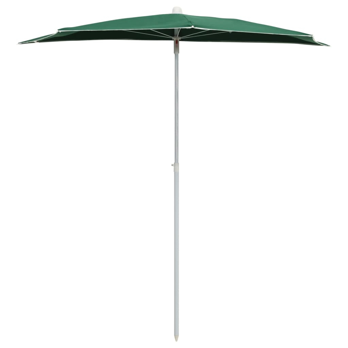Ein grüner Regenschirm mit weißem Mast, vor weißem Hintergrund.