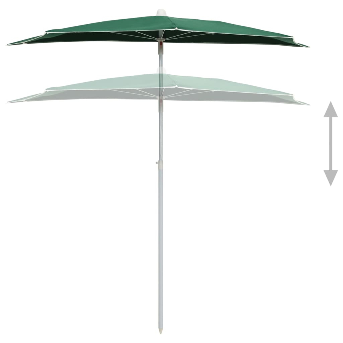 Ein grüner Regenschirm mit höhenverstellbarer Funktion, weißem Mast, vor weißem Hintergrund.
