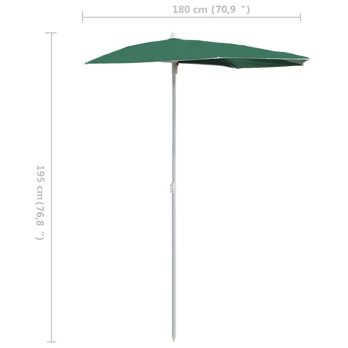 Grüner Regenschirm mit Maßen: 180cm offen, 195cm hoch. Weißer Hintergrund.