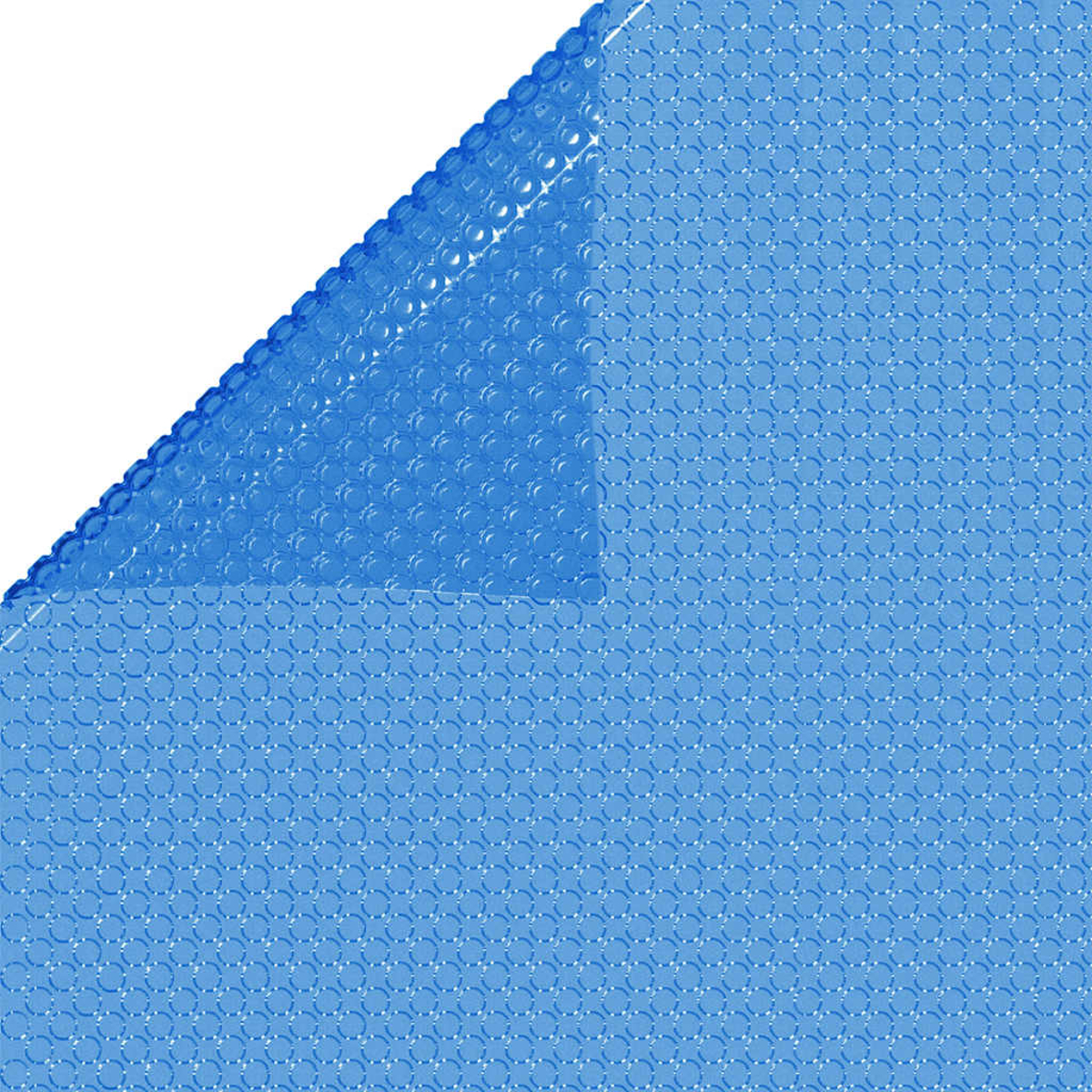 Blaue Poolabdeckung mit Blasenmuster. Eine Ecke ist zurückgeklappt, um das Muster freizulegen.