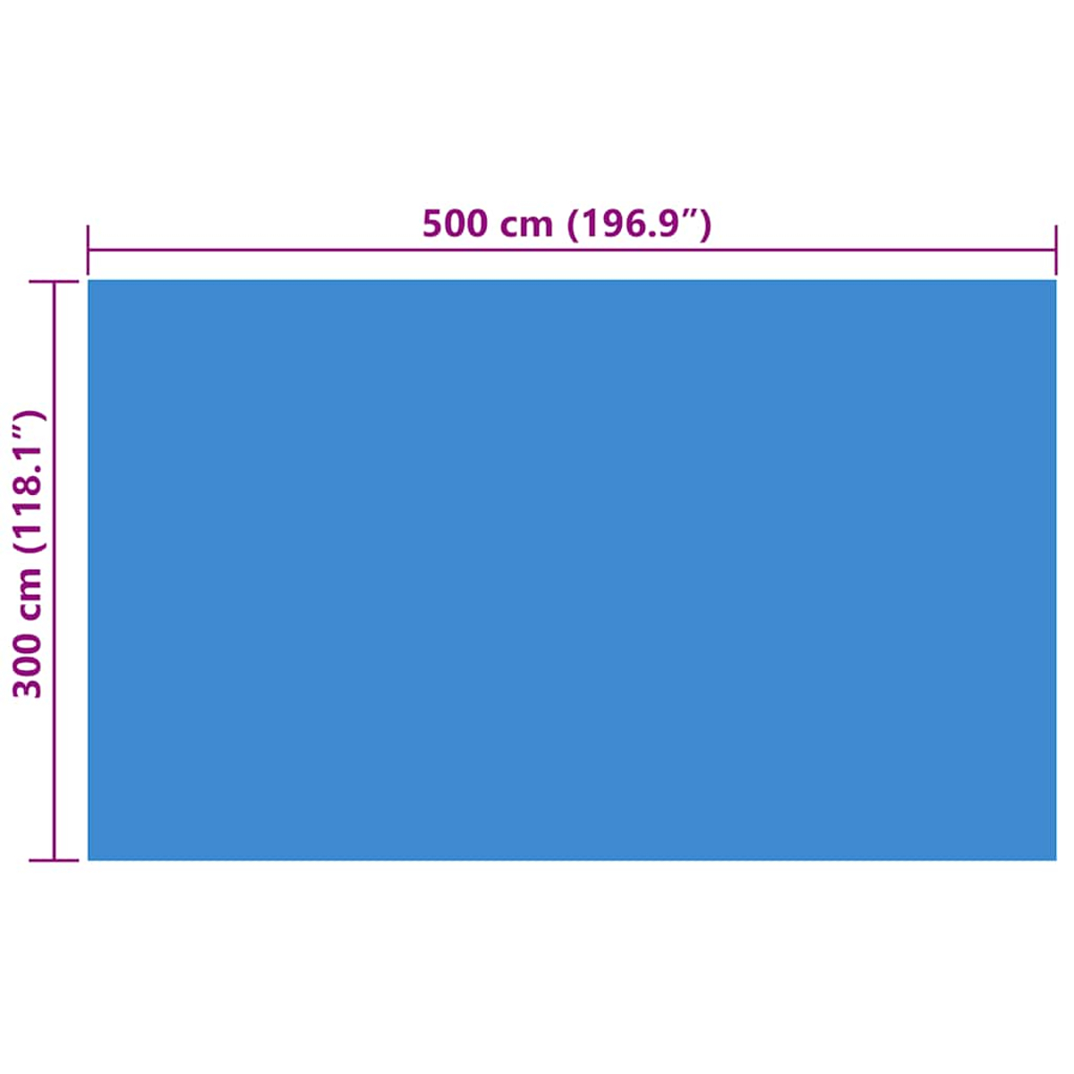 Eine blaue rechteckige Form mit den Maßen: 500 cm (196,9 Zoll) x 300 cm (118,1 Zoll).