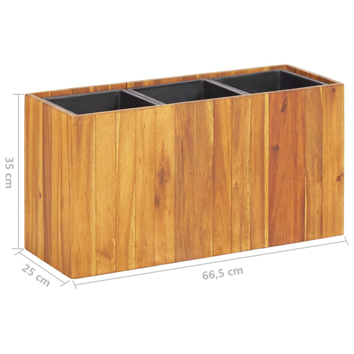 Rechteckiger Holzpflanzer mit drei Fächern. Abmessungen sind auf dem Bild sichtbar.