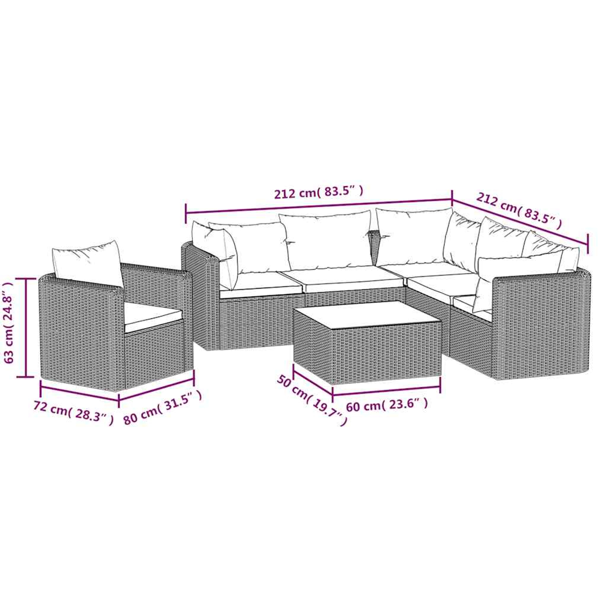 Ein Outdoor-Möbelset aus Weide mit Maßen. Enthält ein Sofa, einen Stuhl und einen Couchtisch.