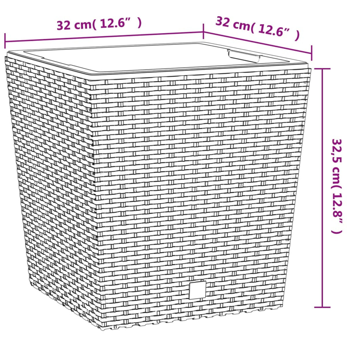 Ein weißer quadratischer Pflanzkübel in Wicker-Optik mit Abmessungen in cm und Zoll.
