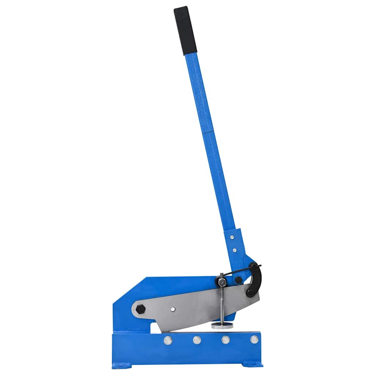 Seitenansicht einer blauen Blechschere aus Metall, mit freiliegender Klinge.