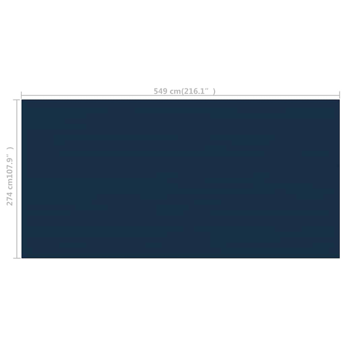 Ein marineblaues Rechteck mit Abmessungen und Messungen.