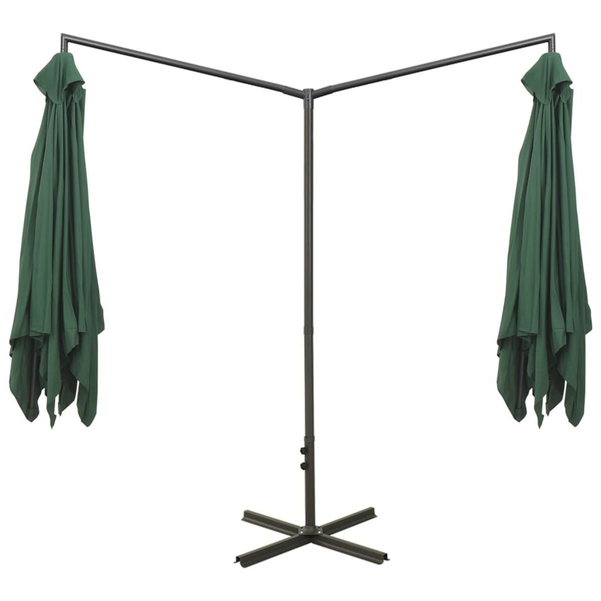 Ein grüner, doppelseitiger Schirm mit dunklem Metallrahmen und -fuß vor weißem Hintergrund.