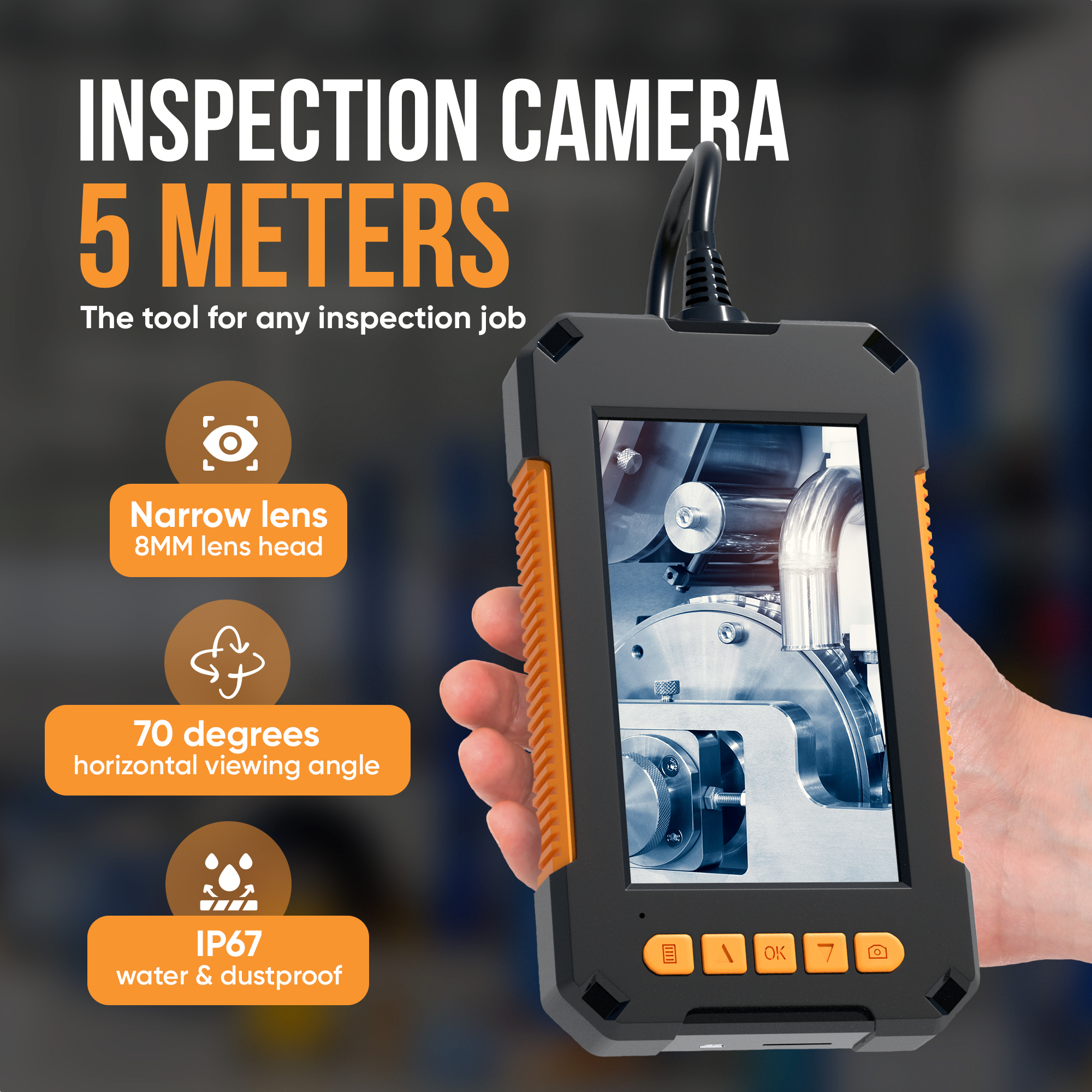 An inspection camera with a black and orange body, held in a hand. Text overlays describe features.