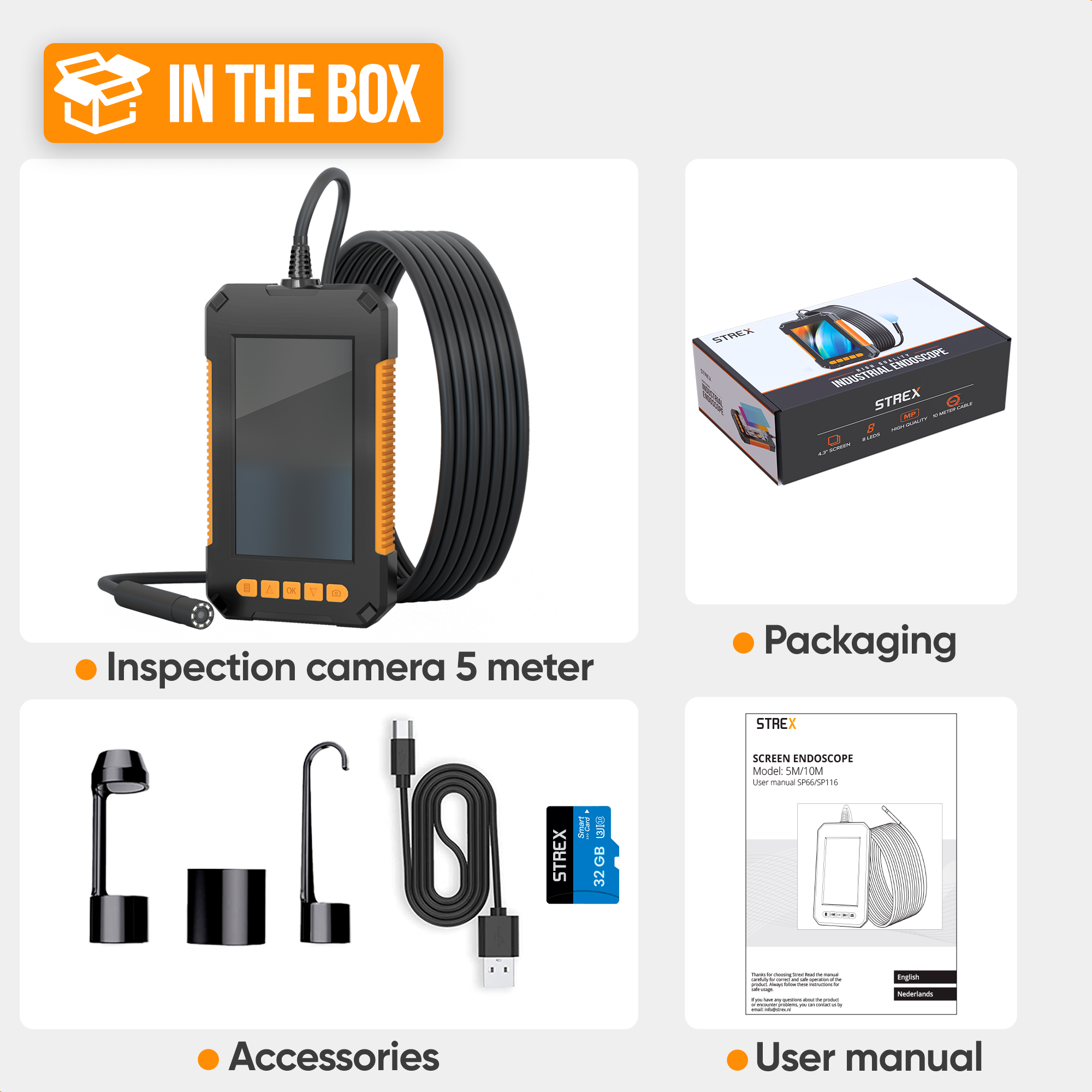An inspection camera and accessories are displayed with packaging and user manuals.