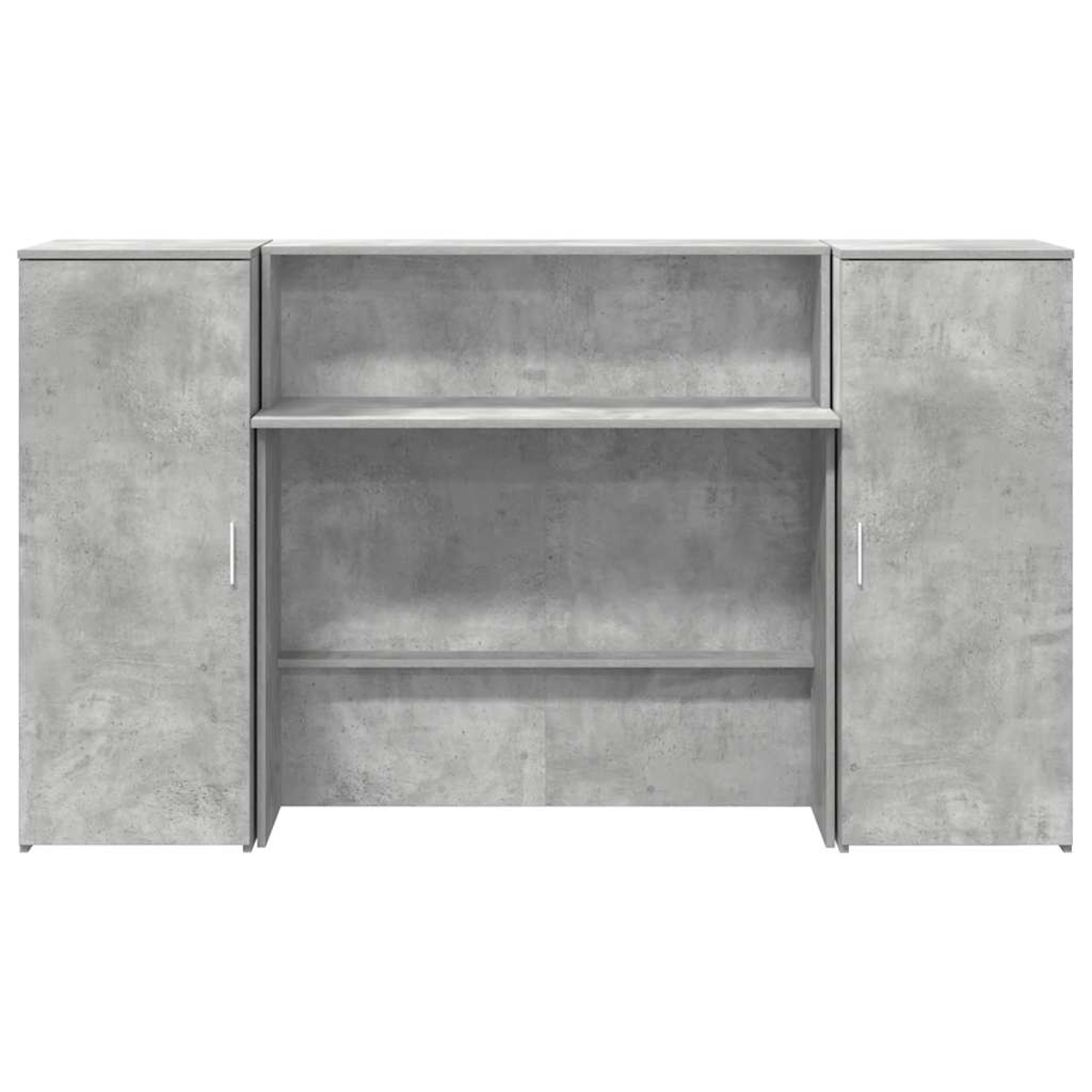 Ein großer Schrank im Betonstil mit zwei Türen und offenen Regalen in der Mitte.