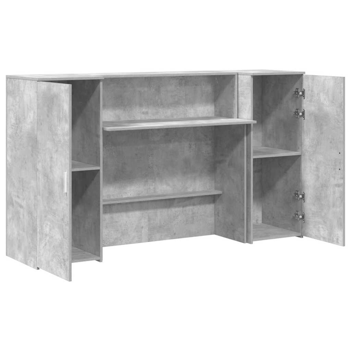 Ein grauer Schrank mit offenen Türen und Regalen. Es besteht aus Betonmaterial, mit einem einfachen und modernen Design.