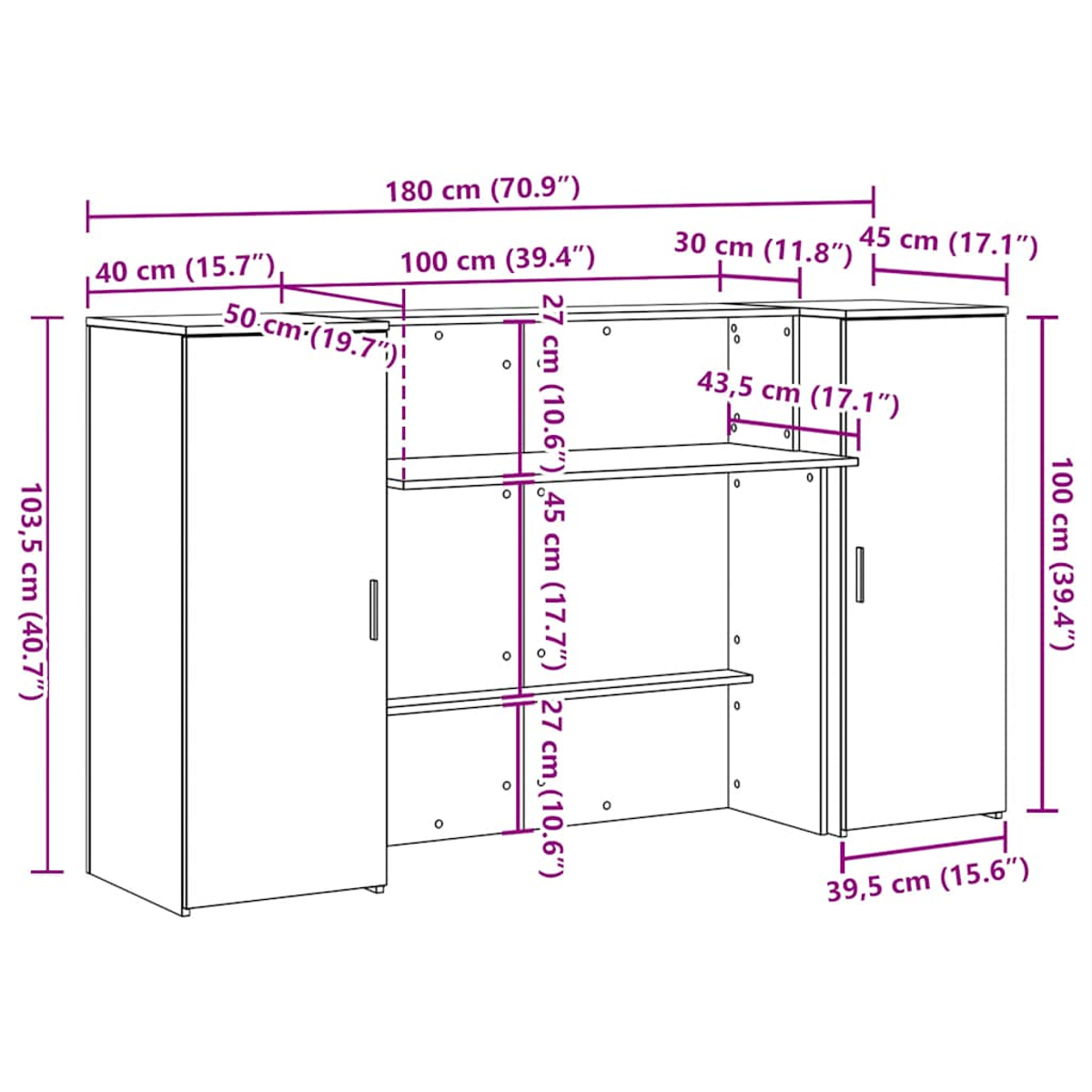 Ein weißer Schrank mit beschrifteten Abmessungen. Es ist ein U-förmiges Design mit zwei Türen und Regalen. Text ist in Schwarz.