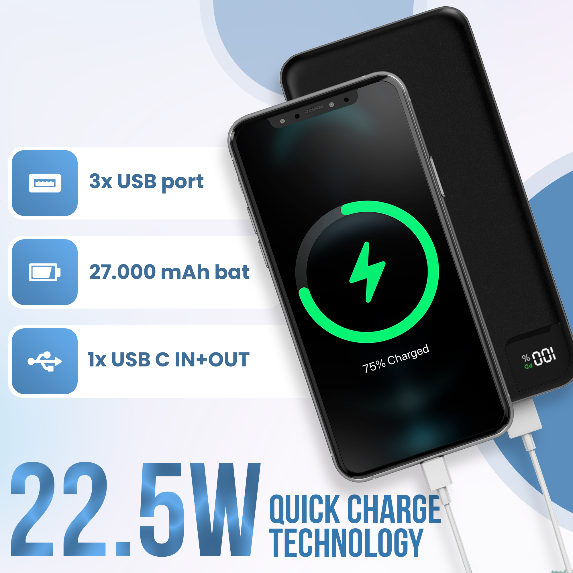 Un téléphone noir chargeant une batterie externe noire, avec 3 ports USB, 27 000 mAh et une technologie de charge rapide de 22,5 W.
