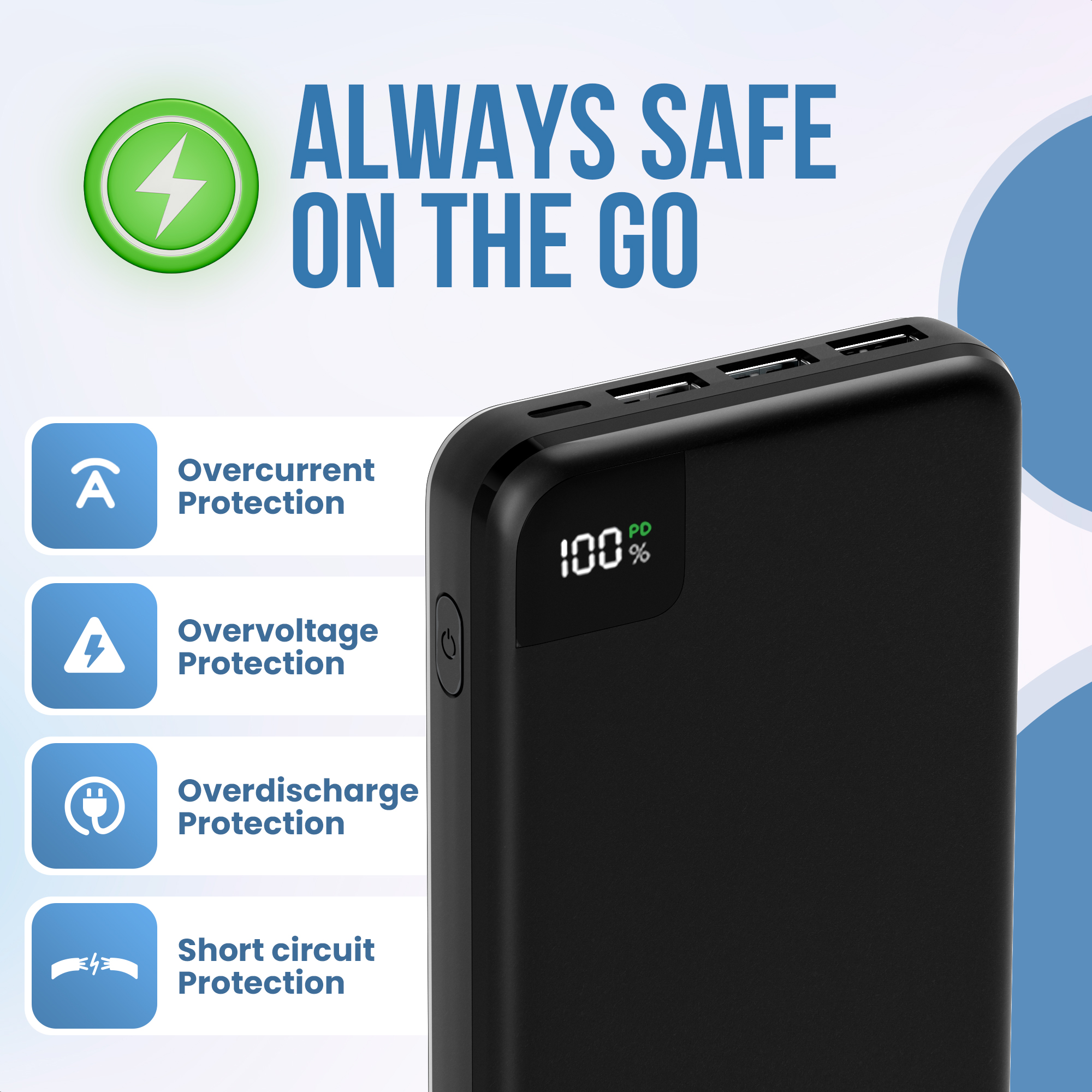 Une batterie externe noire avec un bouton et un écran affichant 100% avec des icônes de sécurité et du texte.
