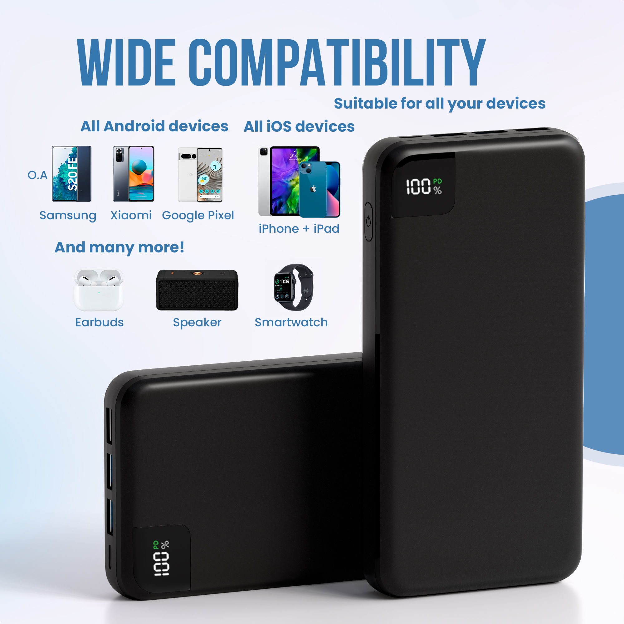 Batterie externe noire avec un écran, ainsi que divers appareils. Le texte indique une large compatibilité.