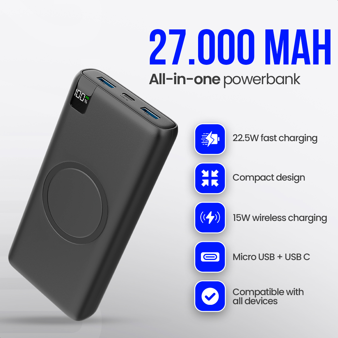 Une batterie externe noire avec un cercle de chargement sans fil et un écran affichant 100%. Superpositions de texte.