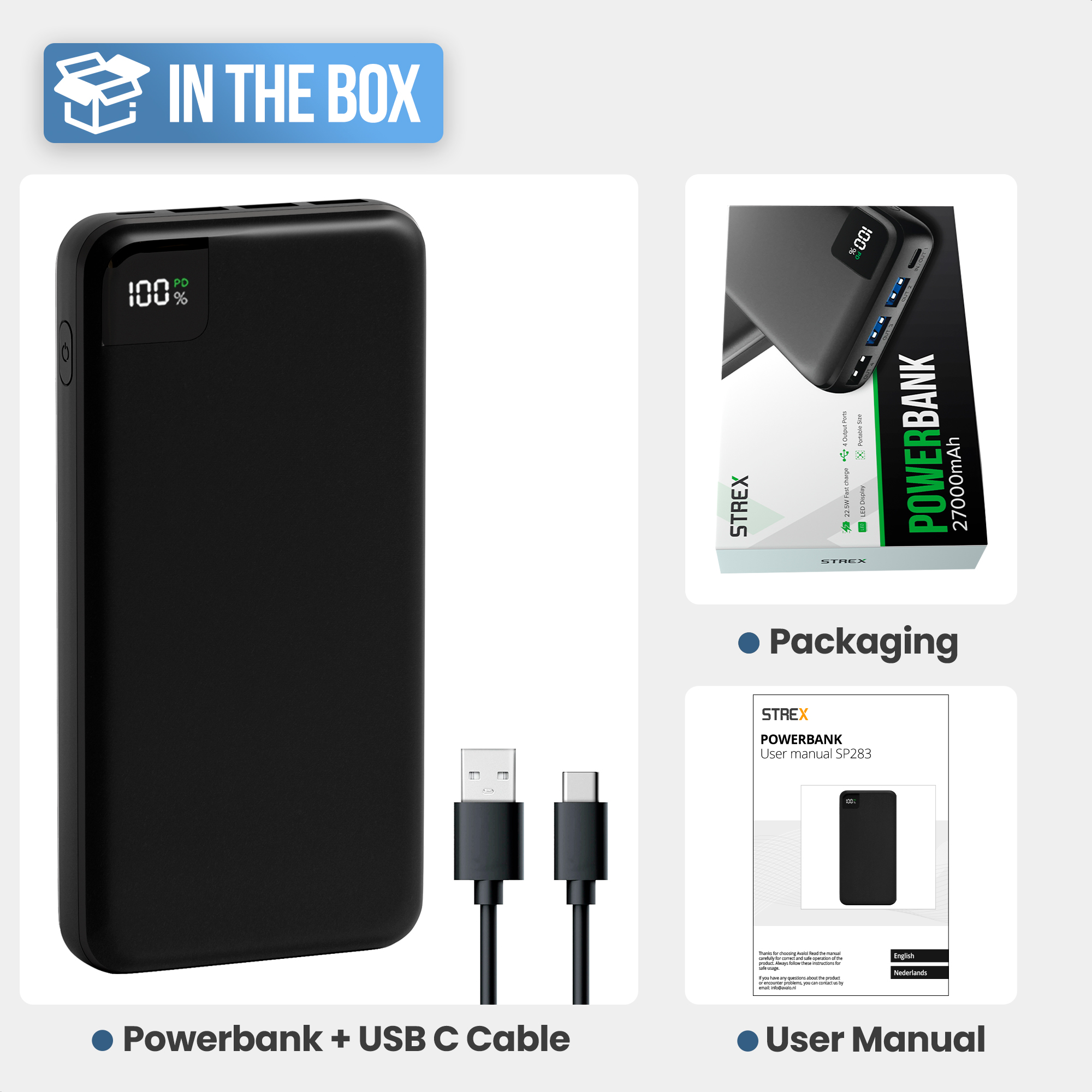 Une batterie externe noire, un câble USB et l'emballage. L'emballage montre la batterie externe avec des fonctionnalités et manuel.