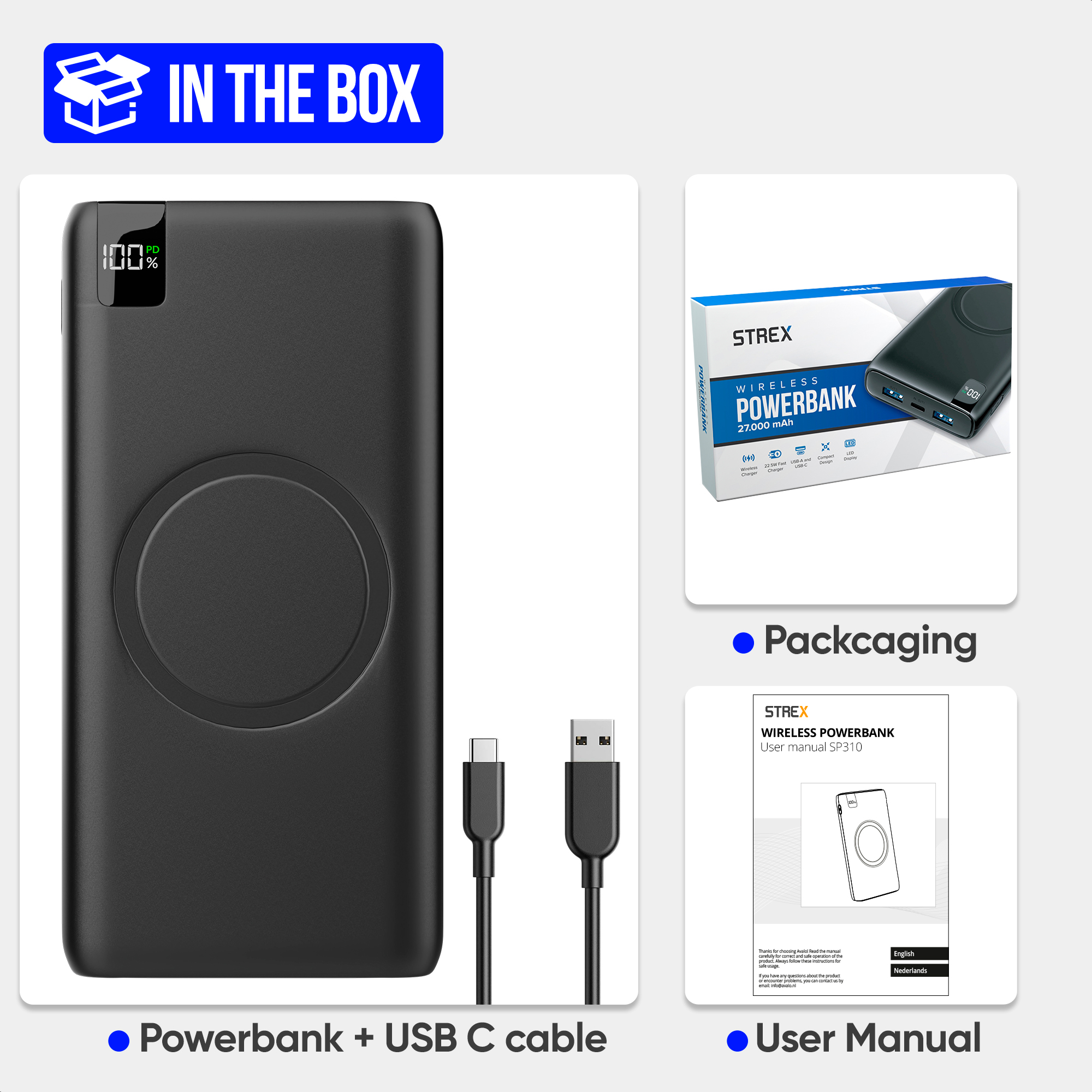 Une batterie externe noire avec un socle de chargement sans fil, un câble USB, un emballage et un manuel d'utilisation sont présentés.