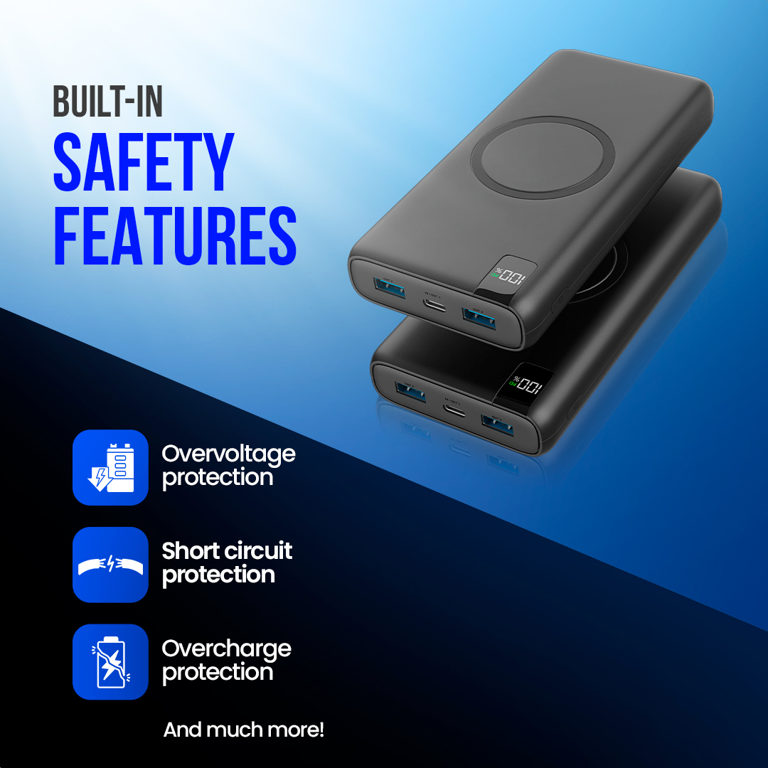 Deux batteries externes noires avec des fonctions de sécurité sont présentées. Texte : Fonctions de sécurité intégrées, y compris la surcharge.