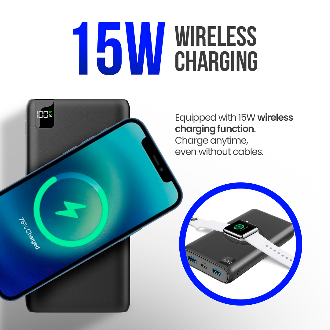 L'image montre une banque d'alimentation noire chargeant un téléphone sans fil, avec un texte faisant la promotion de la charge sans fil 15W.