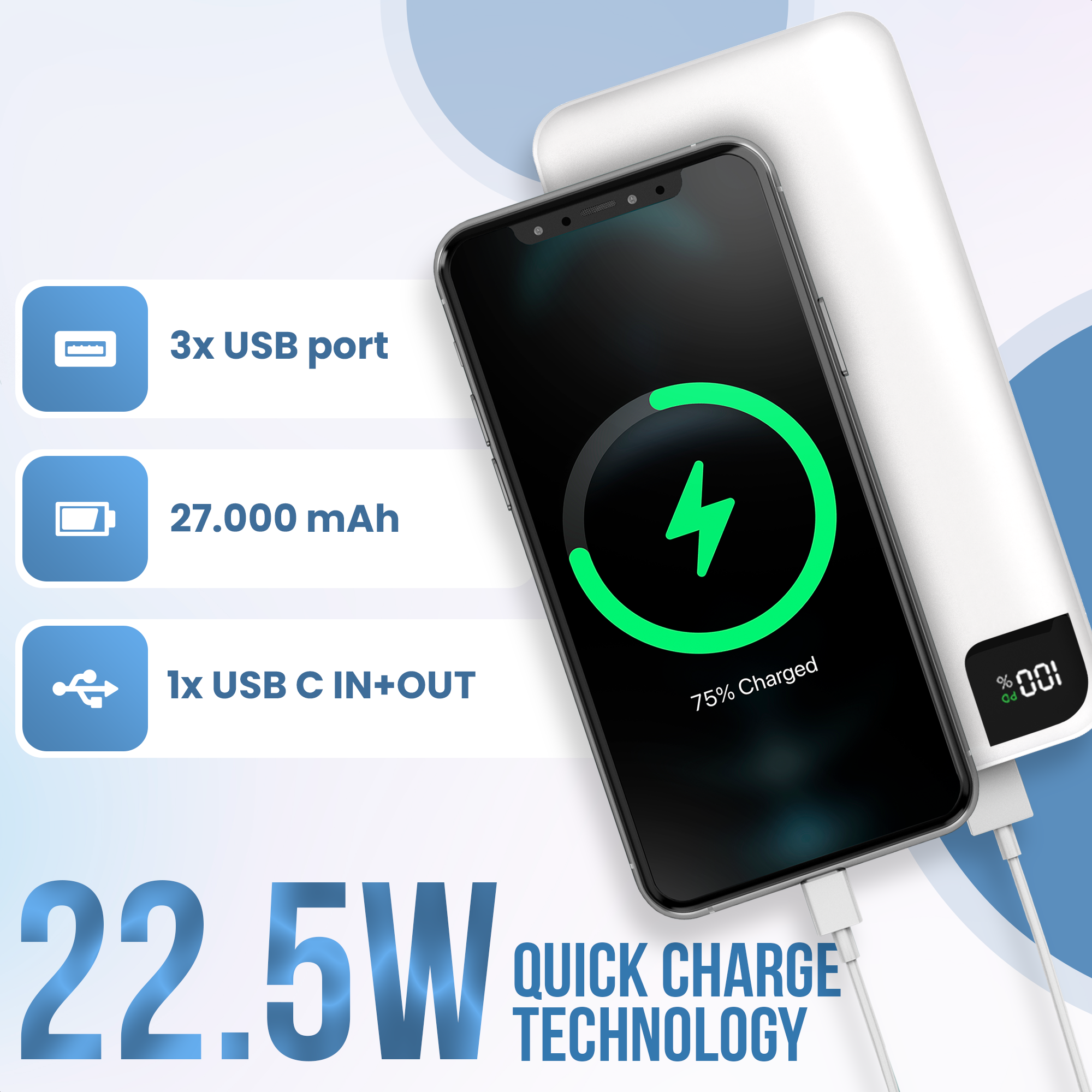 Un téléphone noir se charge sur une batterie externe blanche. Les caractéristiques de la batterie externe sont également présentées.