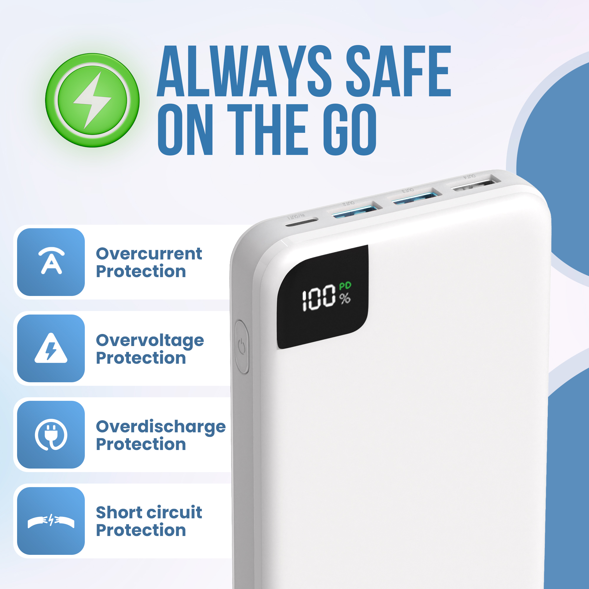 Une banque d'alimentation blanche indiquant une charge de 100 %, avec des icônes de protection de sécurité sur un fond bleu clair.