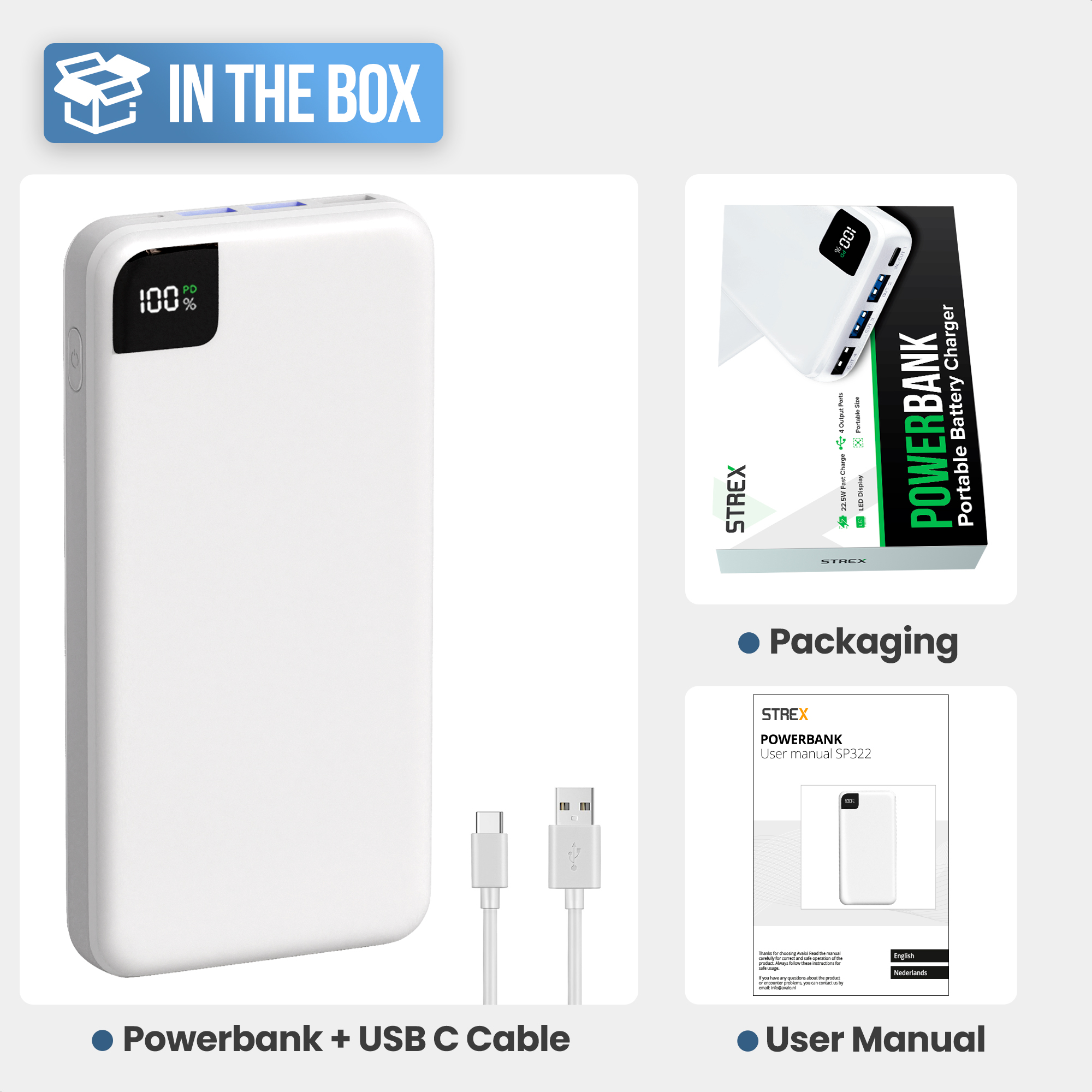 Une batterie externe blanche, un câble USB C, l'emballage et le manuel d'utilisation sont présentés dans une présentation du produit.