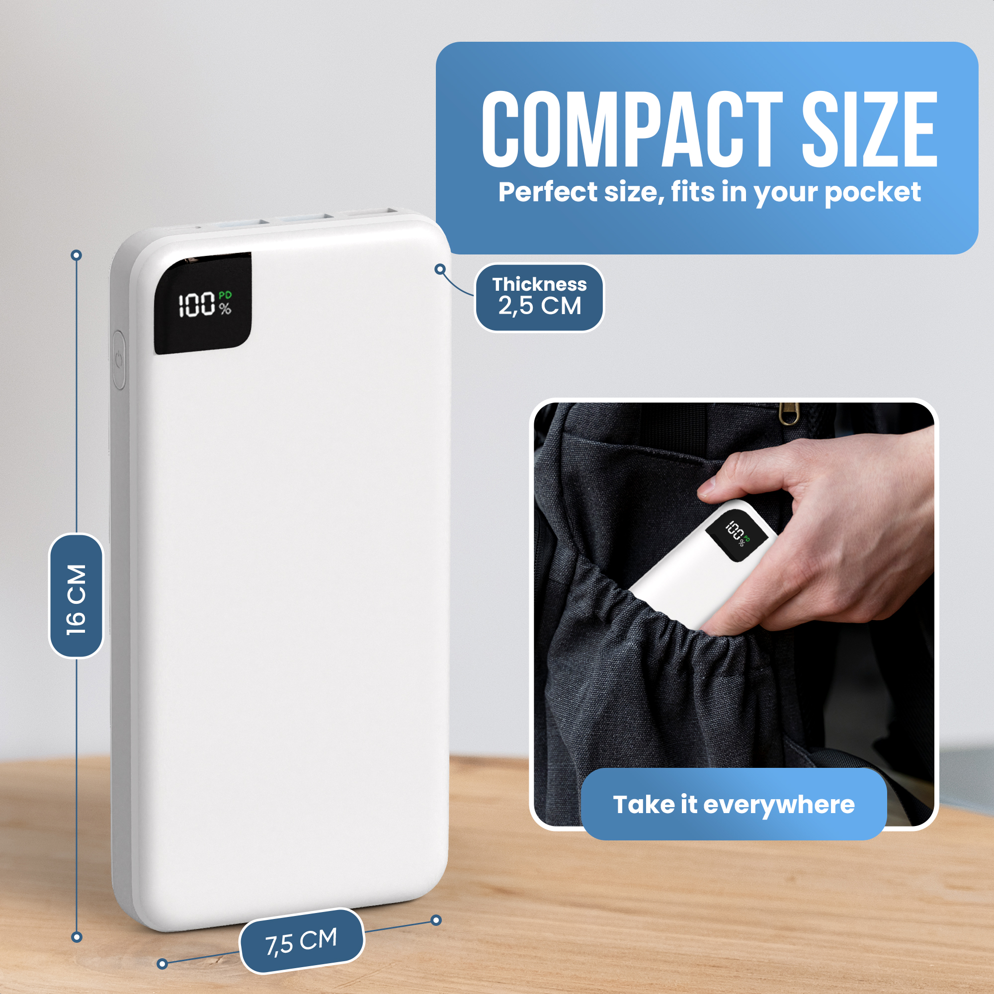 Une banque d'alimentation blanche est présentée à côté d'un sac, soulignant sa taille compacte pour une portabilité facile.