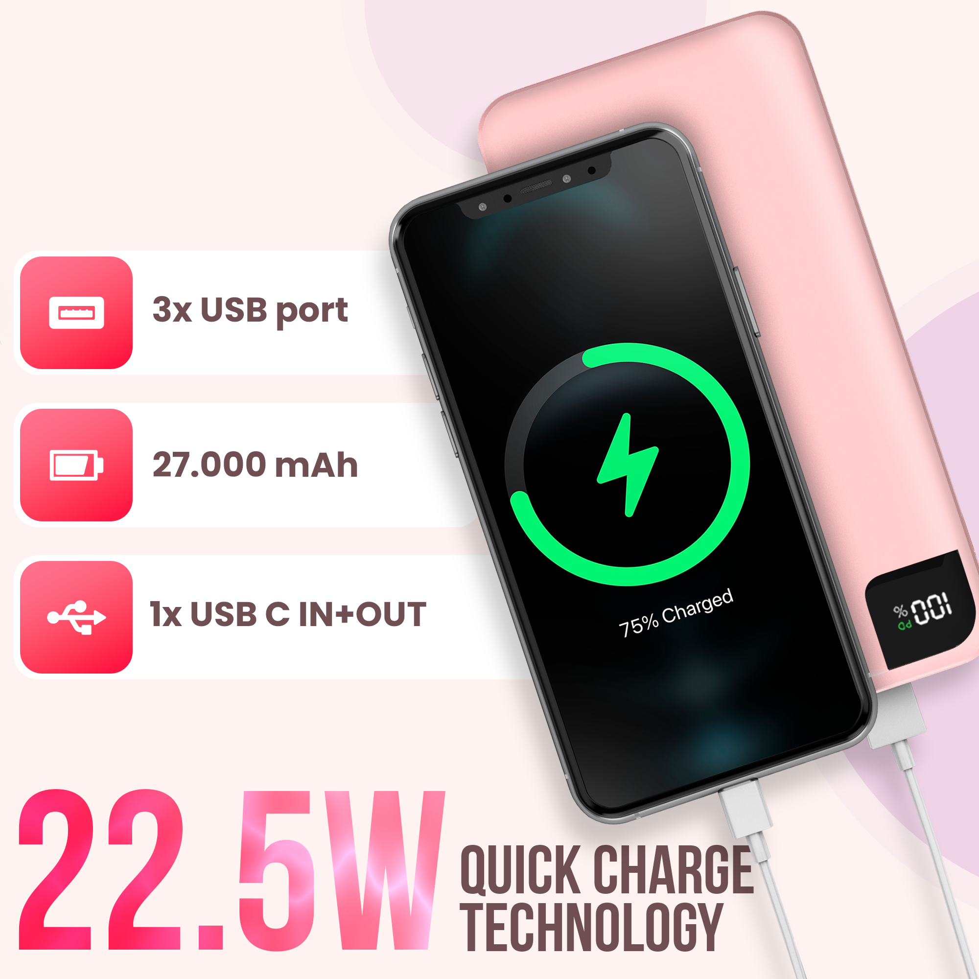 Een zwarte telefoon wordt opgeladen op een roze powerbank. Kenmerken van de powerbank worden ook getoond.