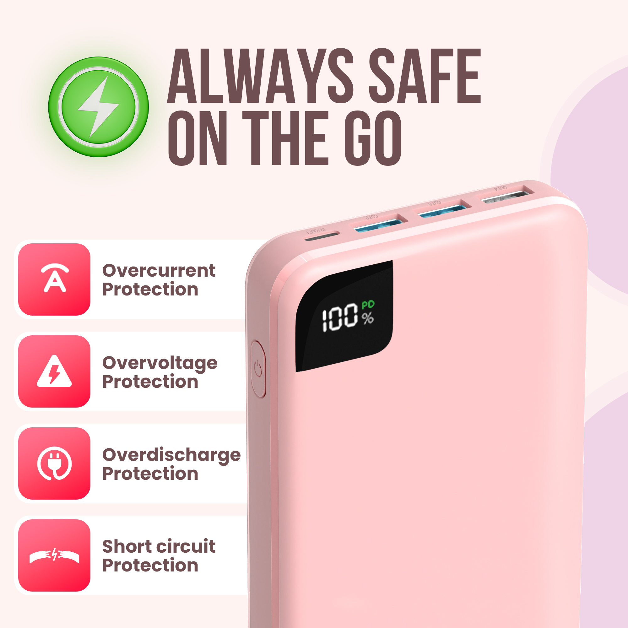 Een roze powerbank die 100% lading aangeeft, met veiligheidsbeschermingspictogrammen op een lichtroze achtergrond.
