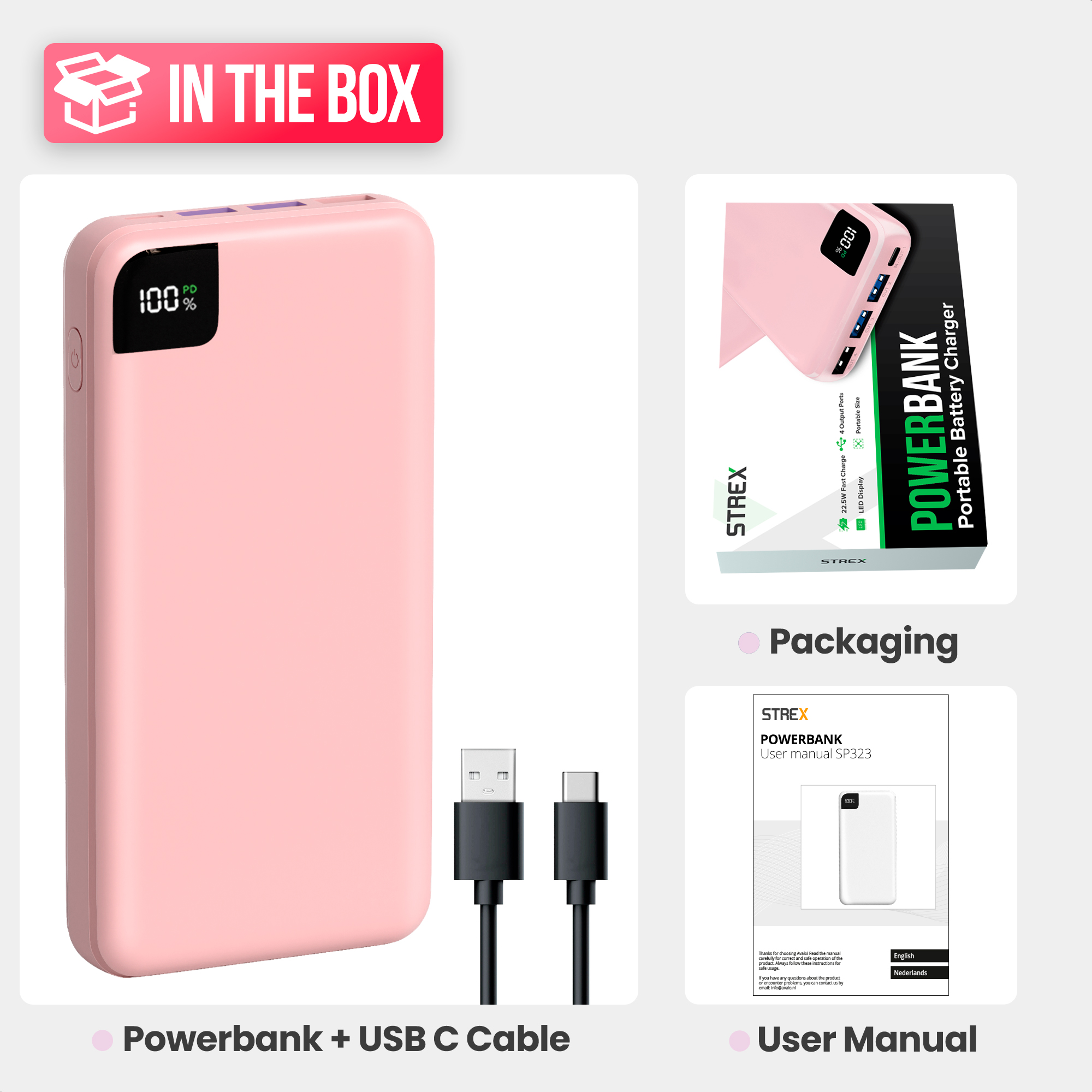 Een roze powerbank met een USB-C-kabel, verpakking en gebruikershandleiding, allemaal weergegeven op een witte achtergrond.