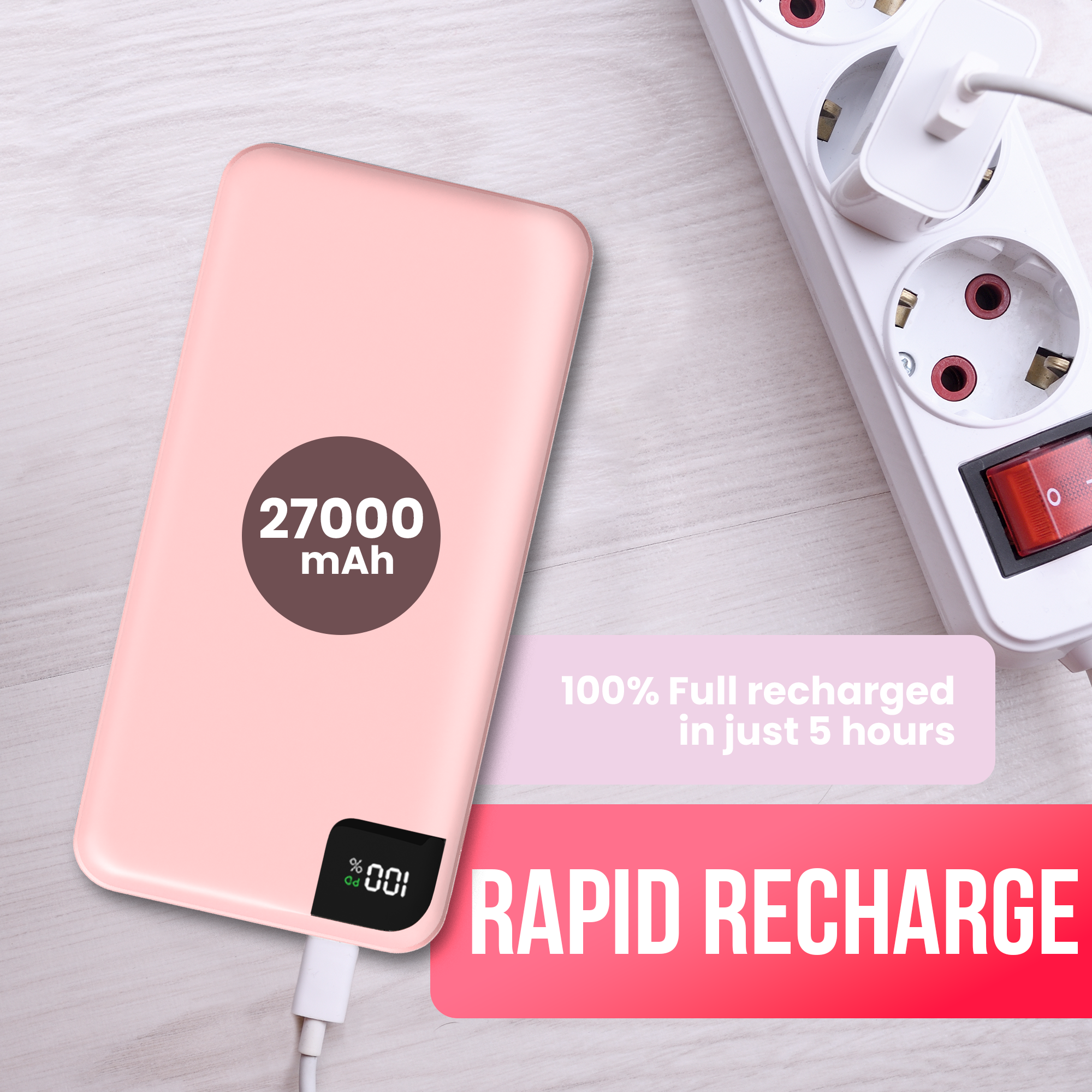 Roze powerbank aan het opladen. Toont 27000 mAh en snel opladen. Aangesloten op een stopcontact. Witte kabel aangesloten.