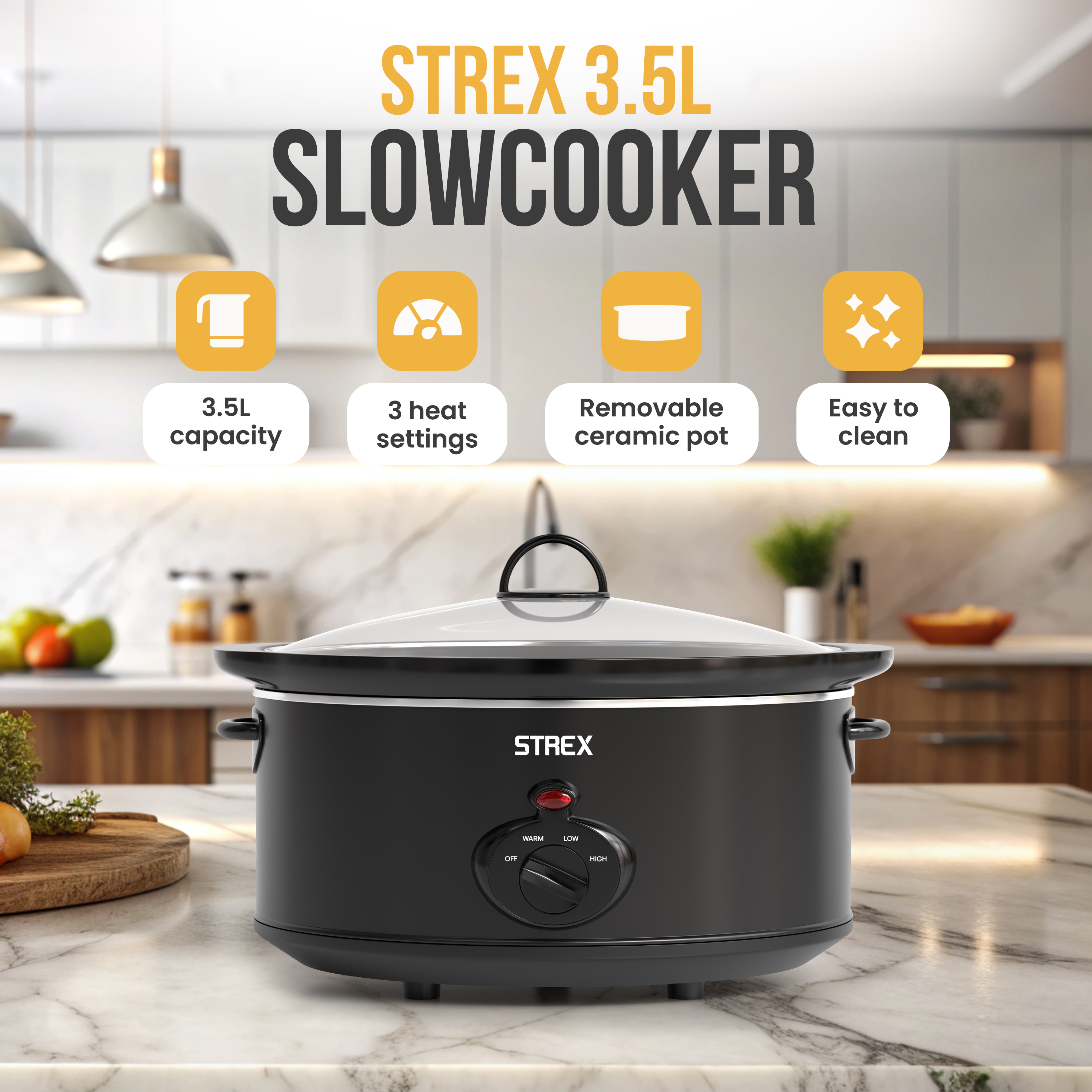 Schwarzer Slow Cooker mit Glasdeckel, zeigt Kapazität, Einstellungen, Keramiktopf und Reinigungsmerkmale auf der Arbeitsplatte.