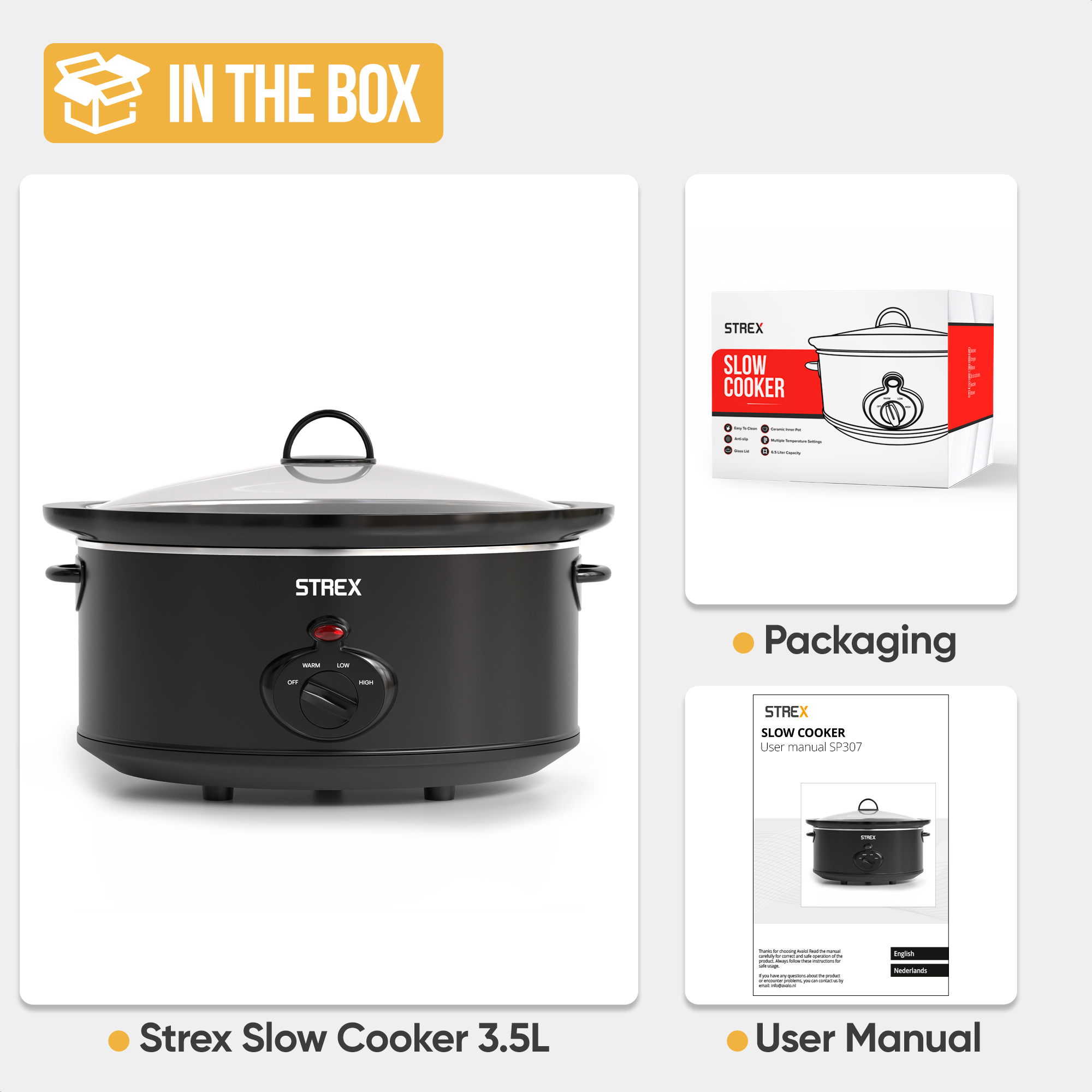 Ein Bild, das einen Slow Cooker, seine Verpackung und die Bedienungsanleitung zeigt.