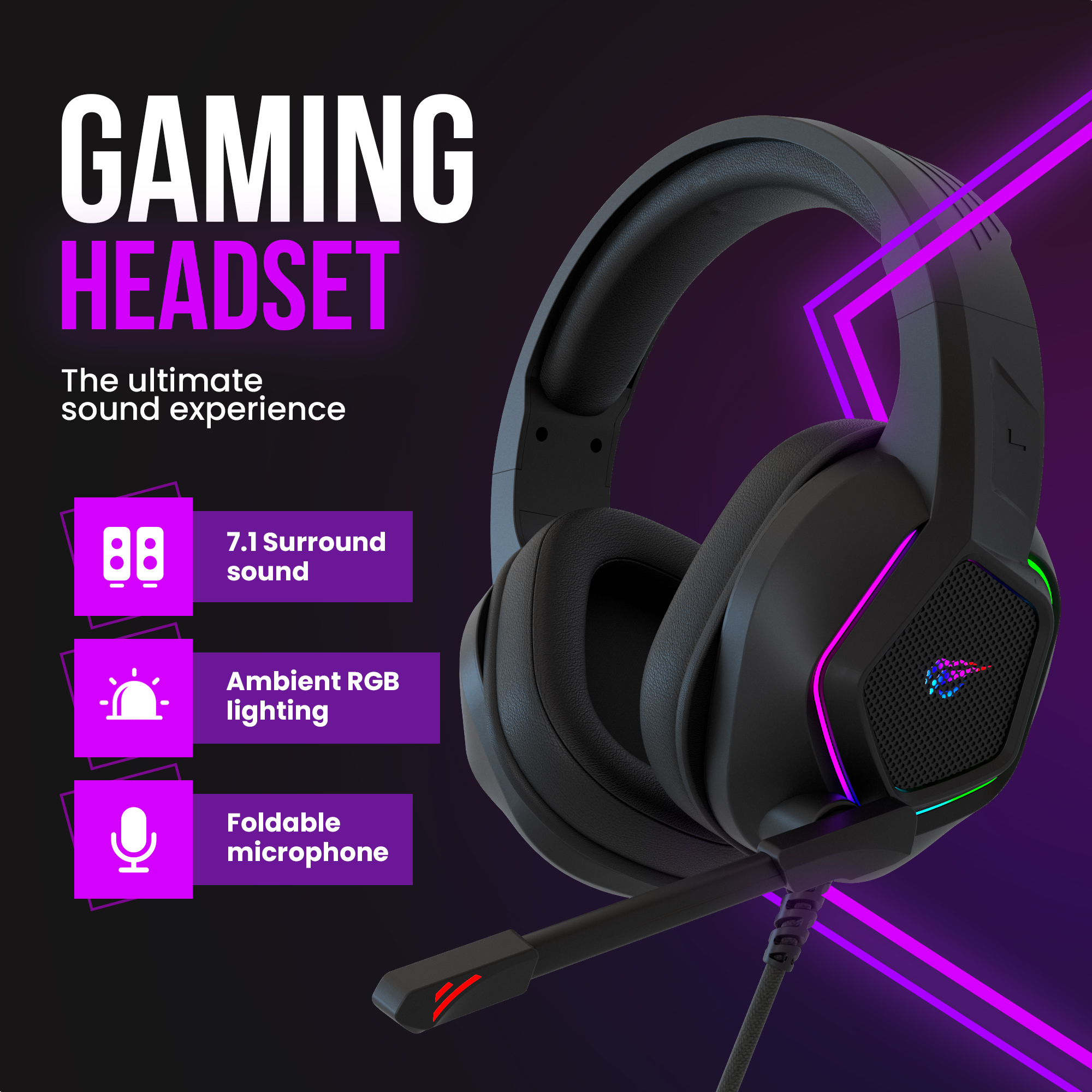 Black gaming headset with microphone. Features include 7.1 surround sound, ambient RGB lighting, and a foldable mic.