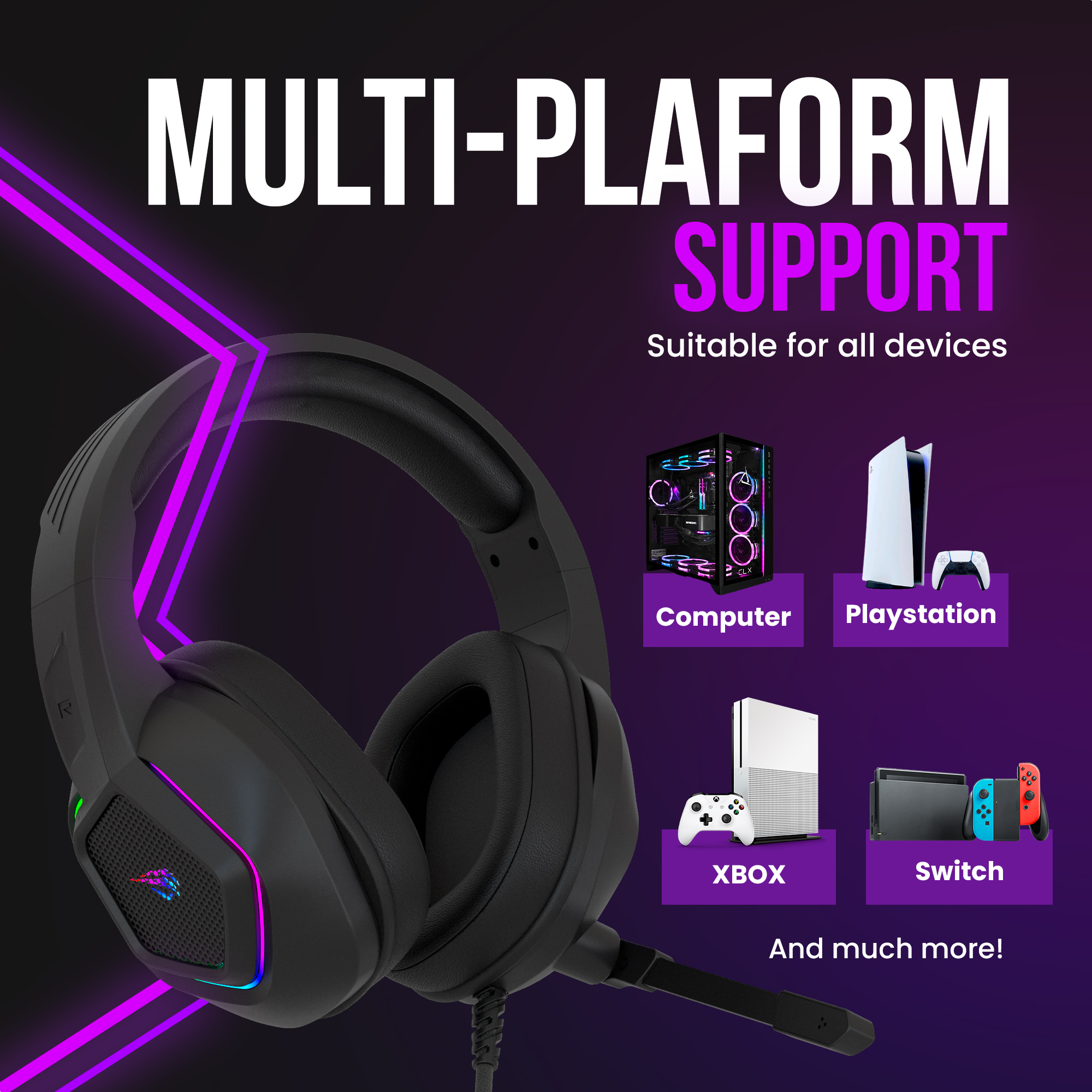 Black gaming headset with microphone, compatible with computer, PlayStation, Xbox, and Switch. Violet lightning.