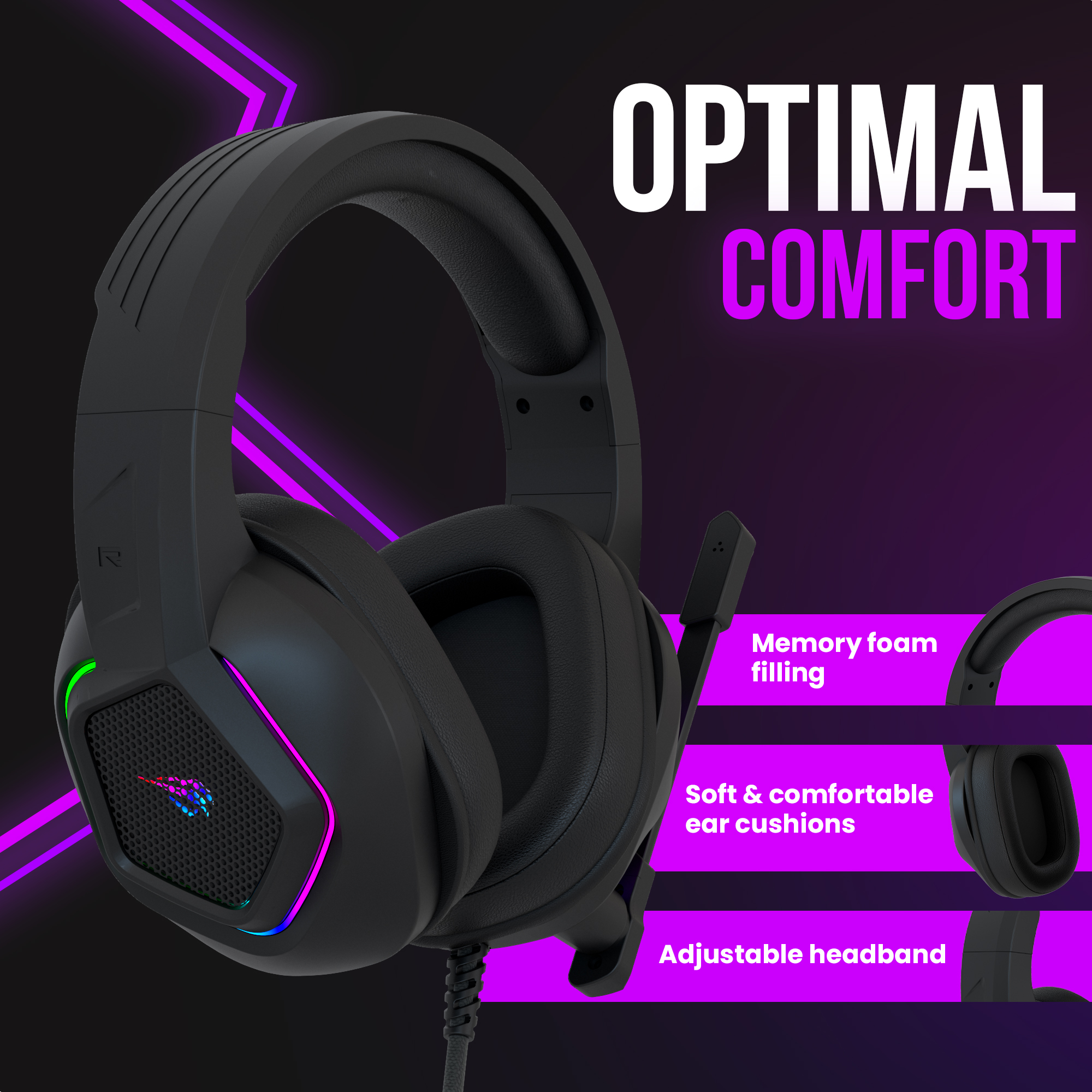Black gaming headset with memory foam filling, soft ear cushions, and an adjustable headband. Also has a microphone.